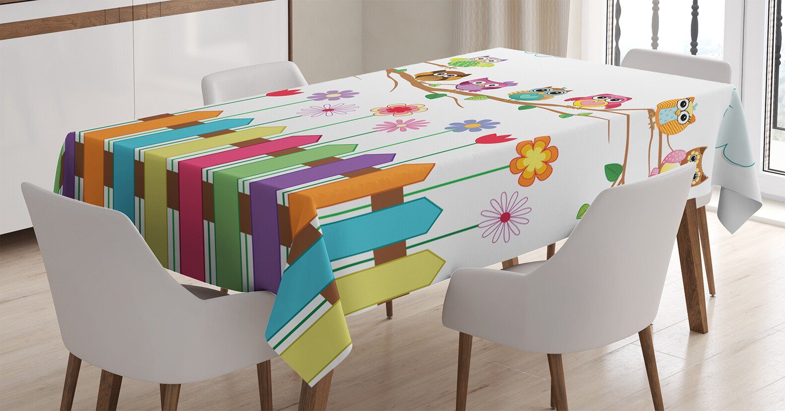 Abakuhaus Tischdecke auf Sunny Eulen Farben, Farbfest Waschbar Zweig den Vogel Für Klare geeignet Day Außen Bereich