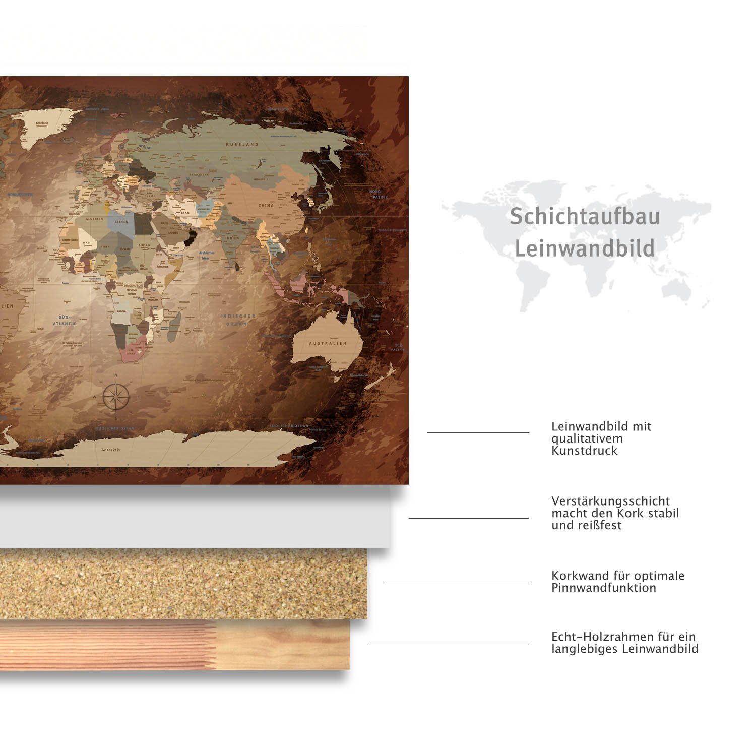 Beschriftung Pinnwand Weltkarte zum Reisezielen, KK Leinwandbild markieren deutsche Intensive LANA von