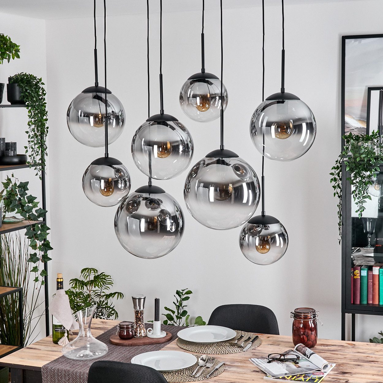 hofstein Hängeleuchte Hängelampe aus Metall/Glas in Schwarz/Rauchfarben/Klar, ohne Leuchtmittel, moderne Pendelleucht im Vintage-Design (20; 25; 30 cm), 8 x E27