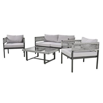 MODFU Gartenlounge-Set Gartenmöbel-Set, (Gartenmöbel-Set aus Seil, 4-tlg., inklusive aller Sitz- und Rückenkissen), mit verzinktem Eisenrahmen,verstellbare Füße,glatte Glastischplatte