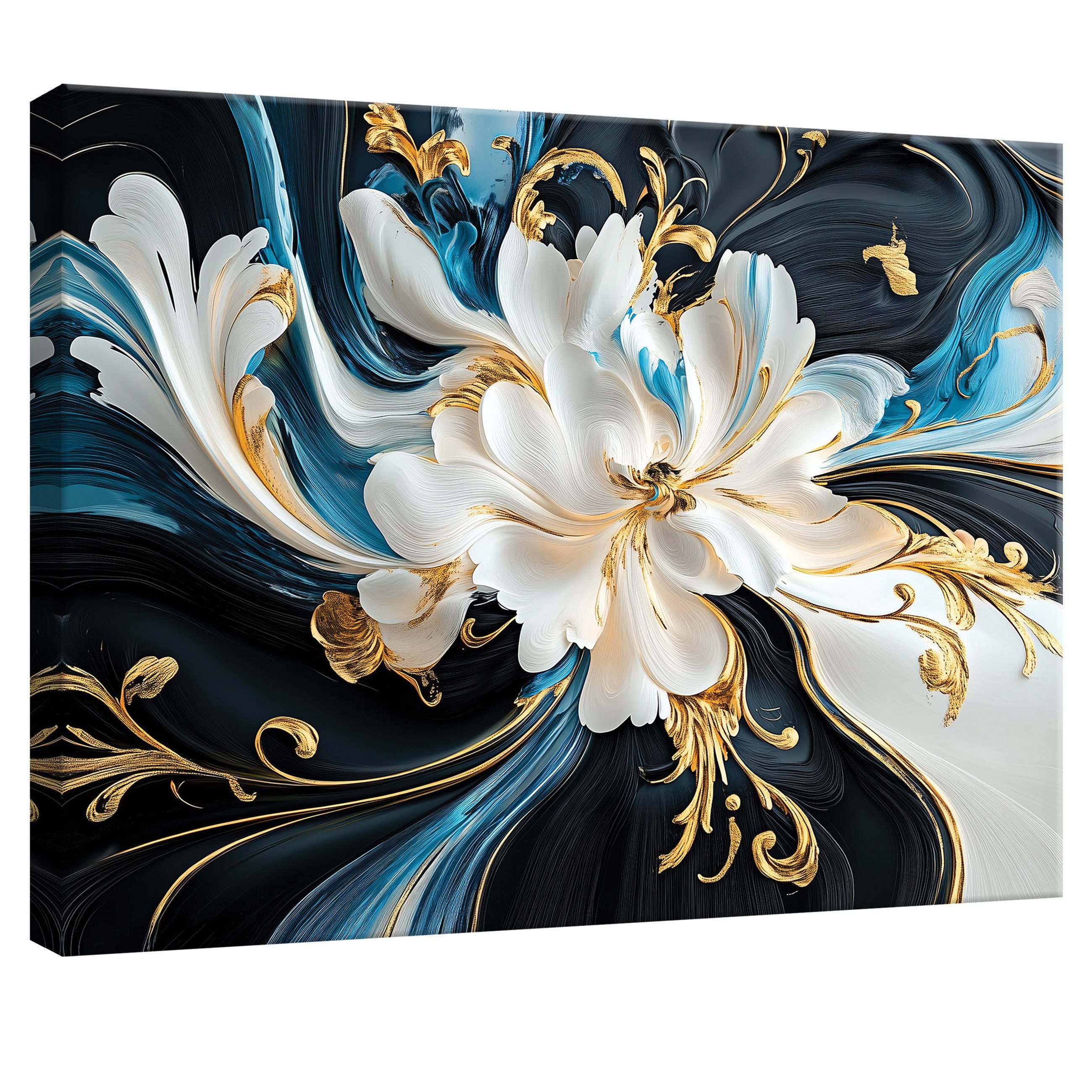 Leinwandbild Blumen Abstrakt Beige Blau Gold Wandbilder XXL Wand Deko Bilder Modern