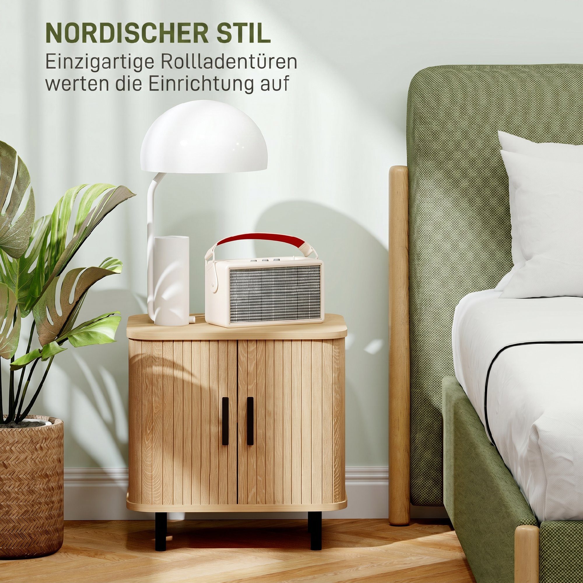 HOMCOM Nachttisch Beistelltisch Moderner Nachtschrank mit Lamellen-Schiebetür (Sofatisch, 1-St., 1 Tisch), für Schlafzimmer, Wohnzimmer, 48 x 40 x 48 cm, Eiche – Bild 4 von 5
