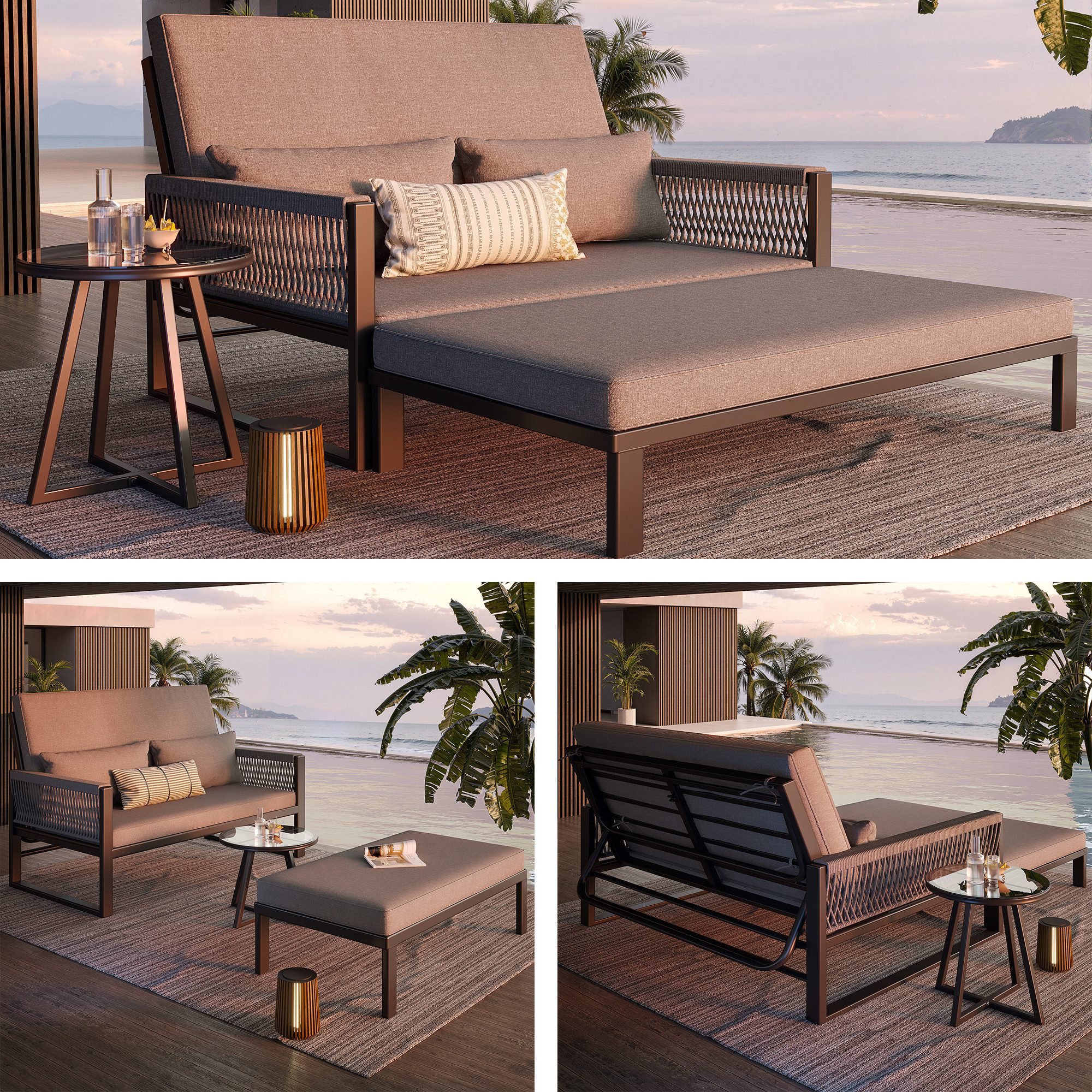 i@home Gartenlounge-Set, (3-tlg), mit geflochtenen Armlehnen Inkl. Glas-Couchtisch & Polstern, Grau