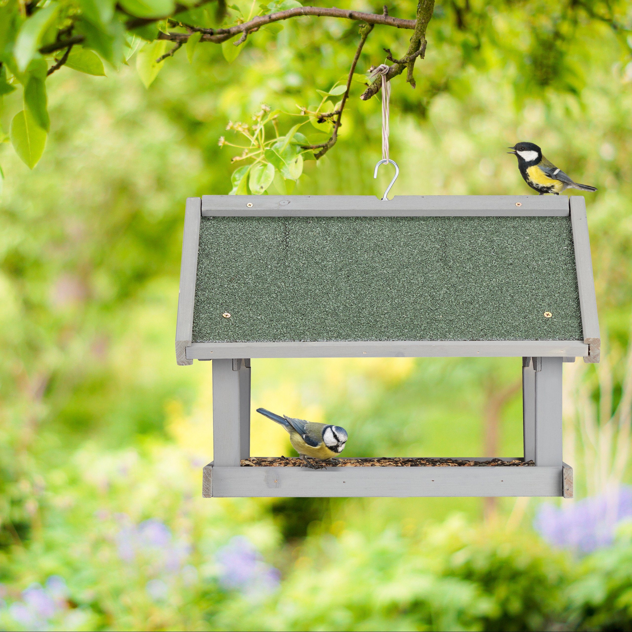 relaxdays Vogelhaus Graues Vogelfutterhaus zur Wandmontage