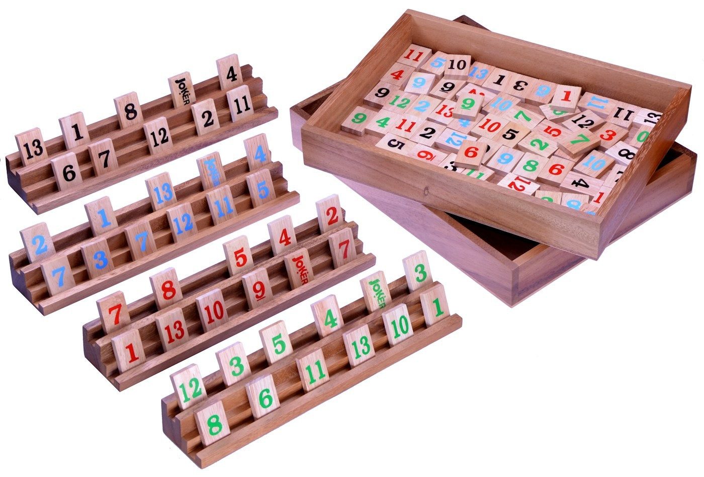LOGOPLAY Spiel Rummy, Gesellschaftsspiel, Rummy Okey im Holzkasten – Legespiel aus Holz für 2 bis 4 Spieler