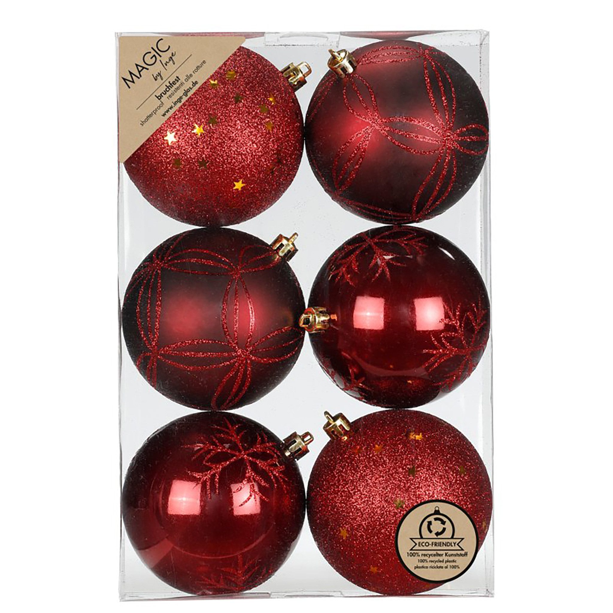 MAGIC by Inge Weihnachtsbaumkugel, Новогодние шары Kunststoff 8cm mit Glitzer 6er Set - Morello Cherry