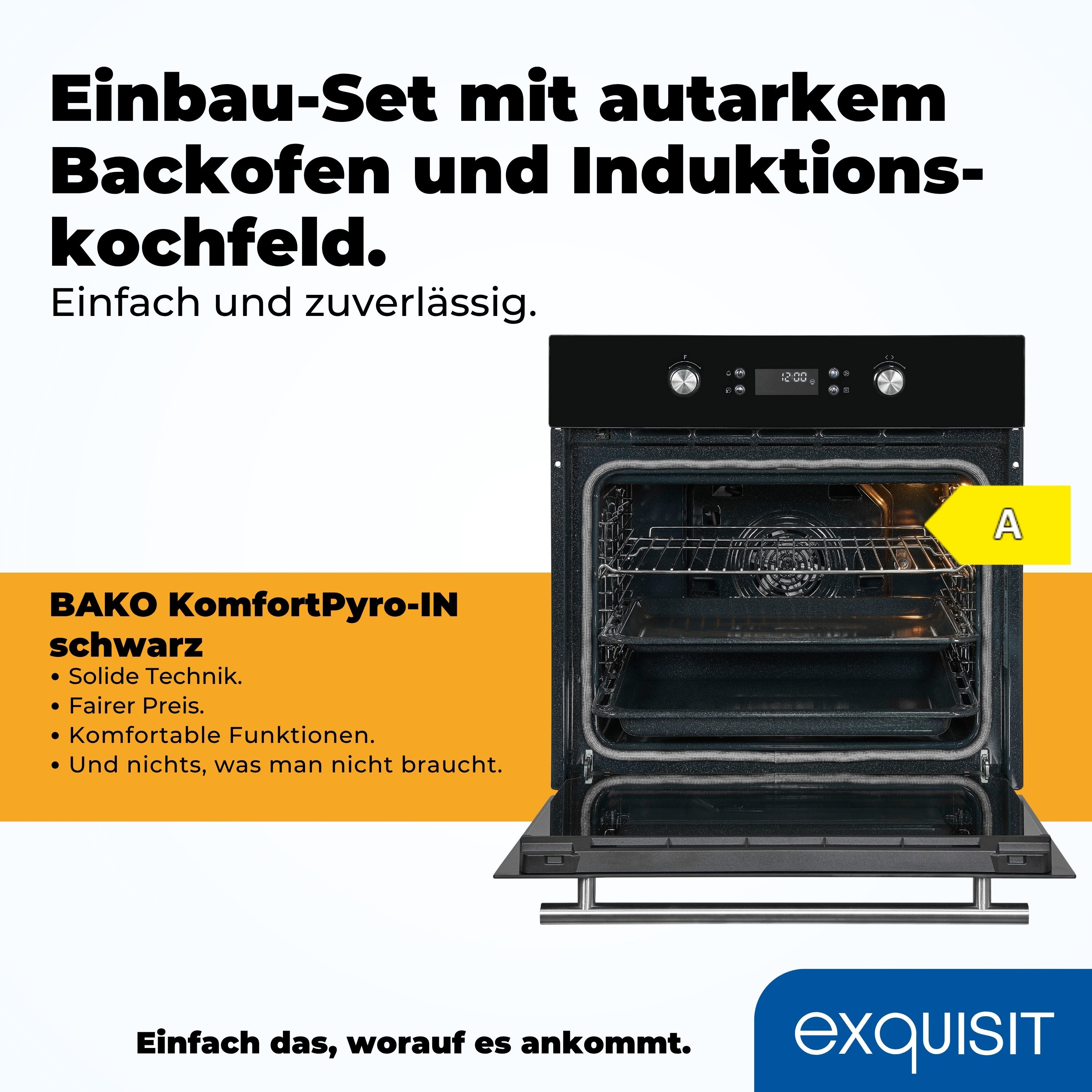 exquisit Backofen-Set BAKO KomfortPyro-In schwarz, Pyrolyse-Selbstreinigung, Backofen mit Pyrolyse: Selbstreinigung durch hohe Hitze ohne Chemie