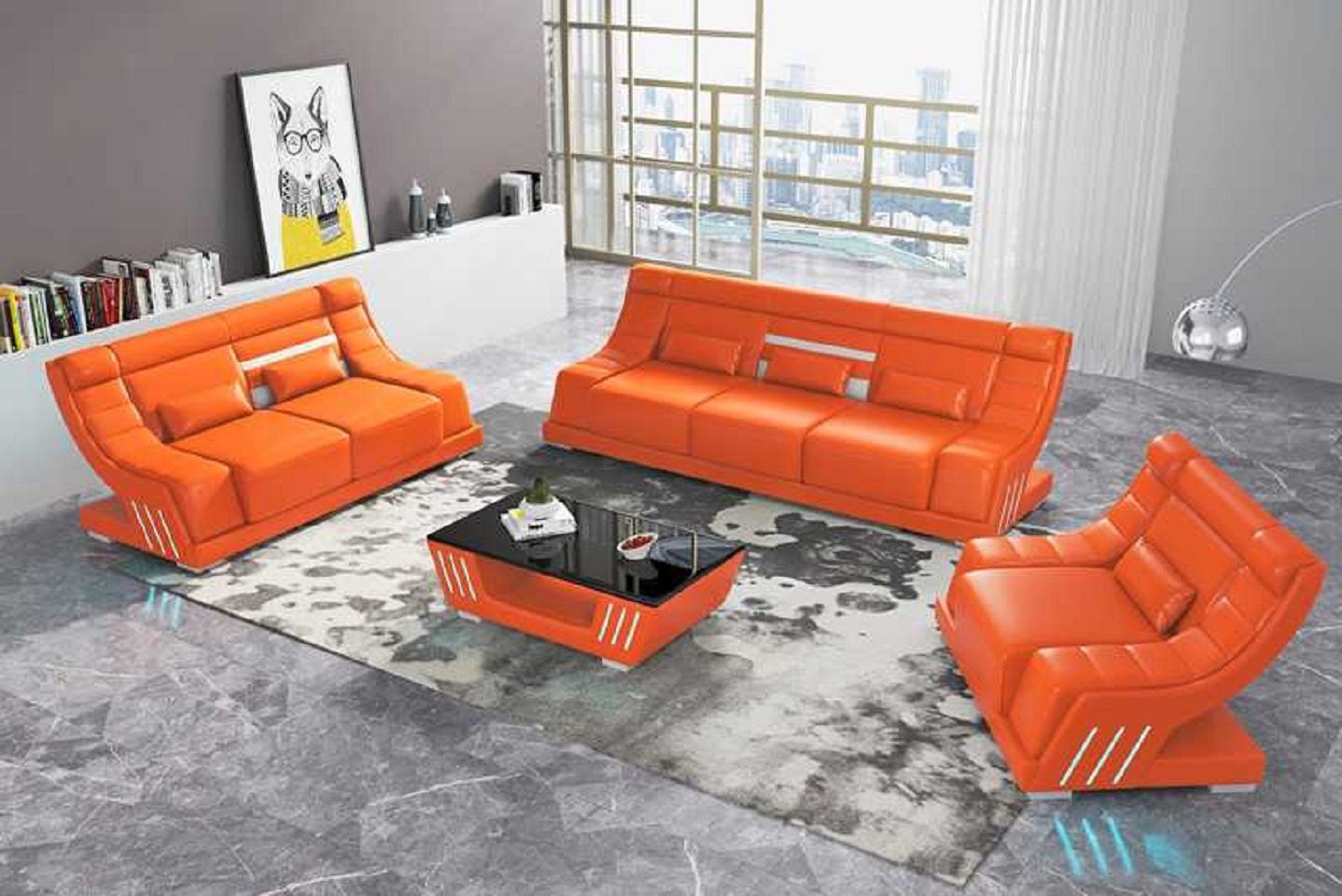 JVmoebel Wohnzimmer-Set Luxus Modern Komplette Couchgarnitur Kunstleder Sofa 321, (3-St., Nur Sofa 2+3 Sitzer + Sessel), Made in Europe Orange