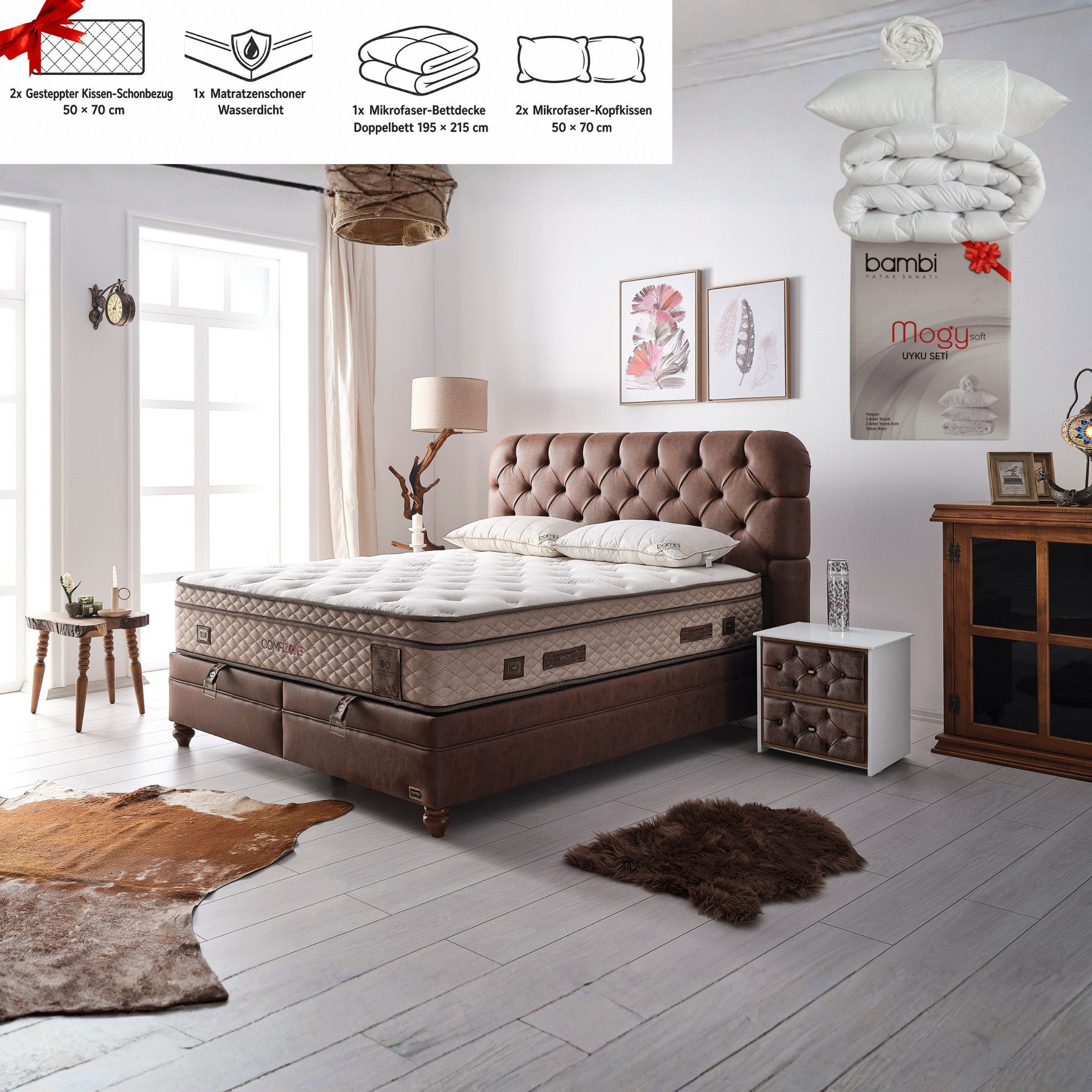 Bambi Boxspringbett mit Taschenfederkernmatratze Individuelle Härtegrad inkl. Lieferung (Set, 2 Bettkästen + Matratze + Chester Kopfteil), Individuelle Härtegrad Konfiguration