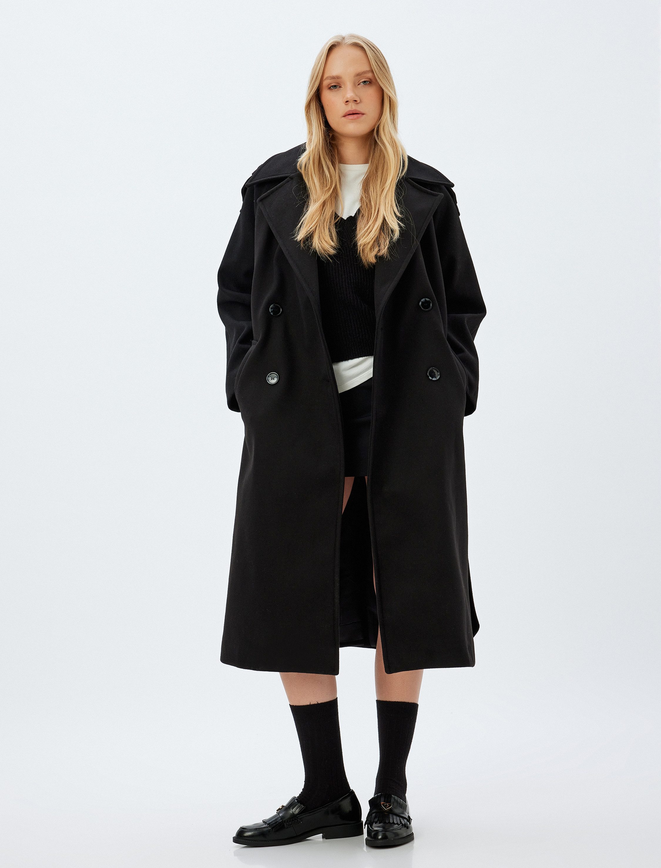 Koton Wintermantel Koton Twill-Zweireihiger Mantel Lang