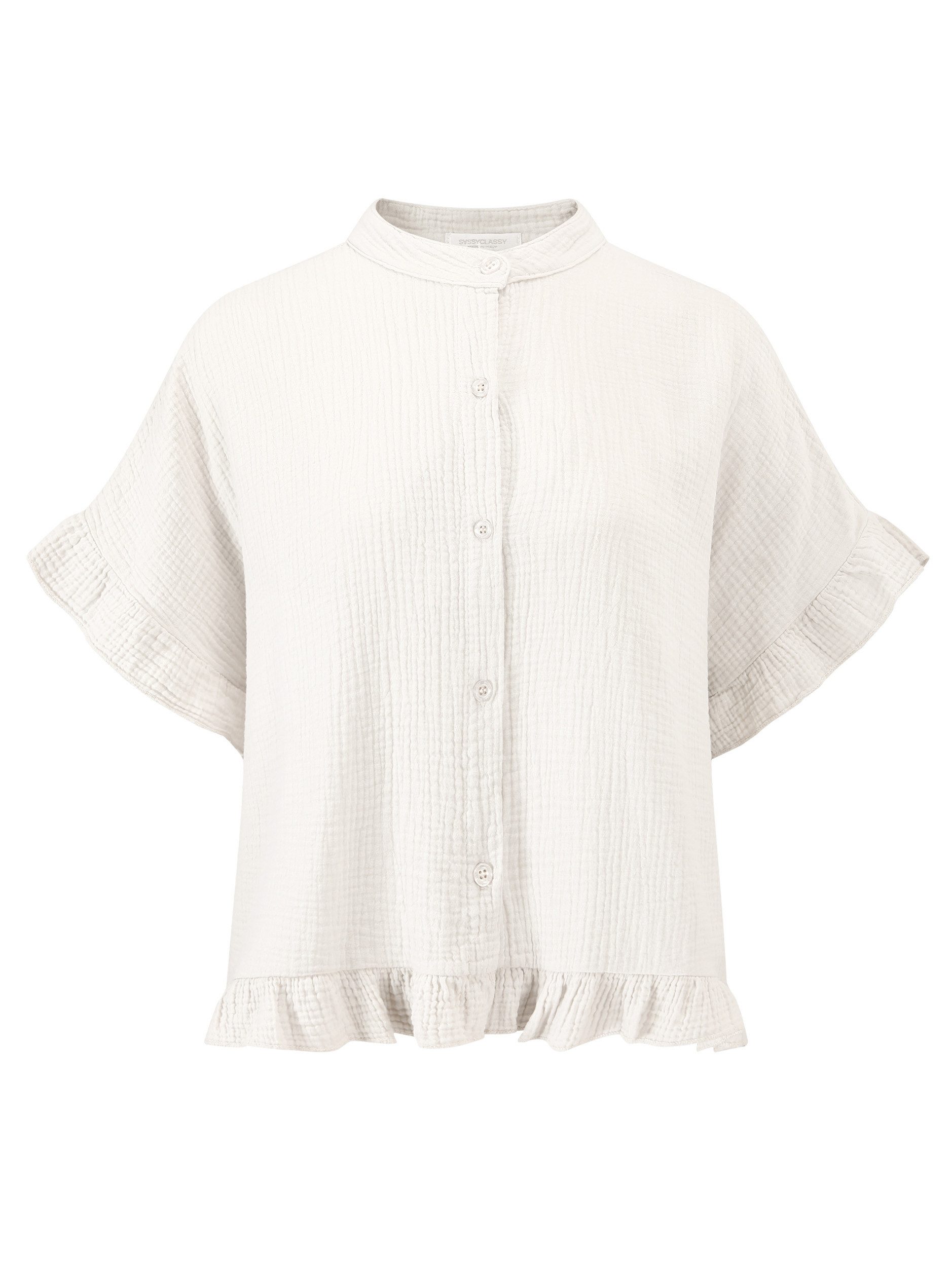 SASSYCLASSY Kurzarmbluse Oversize Musselin Hemdbluse Damen mit Rüschensaum Kurzärmelige Musselinbluse aus Baumwolle mit V-Ausschnitt