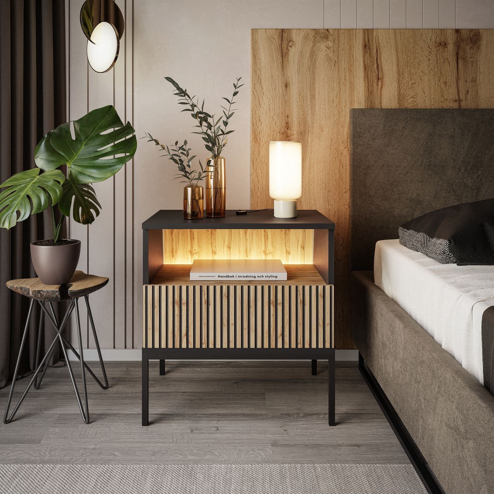 MOEBLO Nachttisch Sentino S54 LED (mit gefrästen Fronten und LED-Beleuchtung Nachttisch Nachtkommode Nachtschrank Nachtkonsole Beistelltisch Schlafzimmer), (HxBxT):56x54x39 cm, LED-Beleuchtung