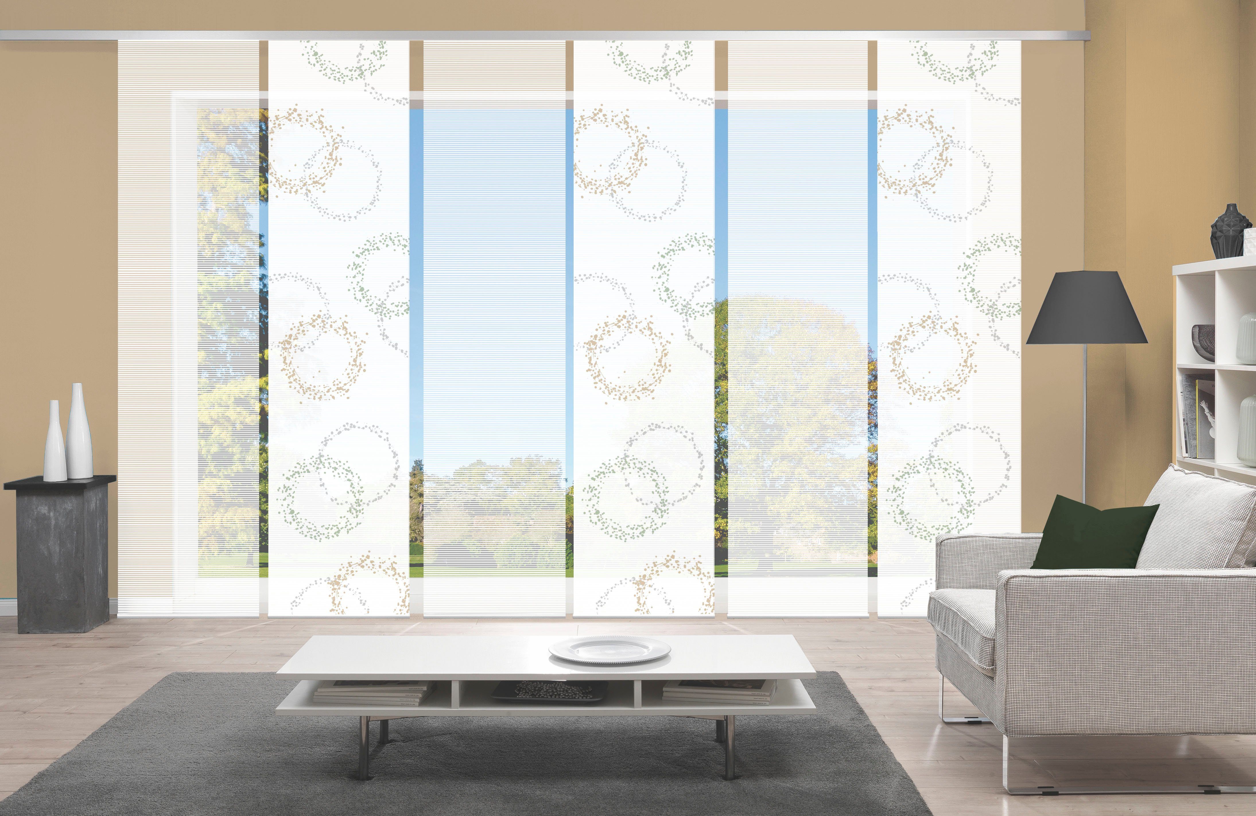 Vision S Schiebegardine AINUR 6er SET (6 St), Paneelwagen, halbtransparent, Schiebevorhang Digidruck 6er Set AINUR