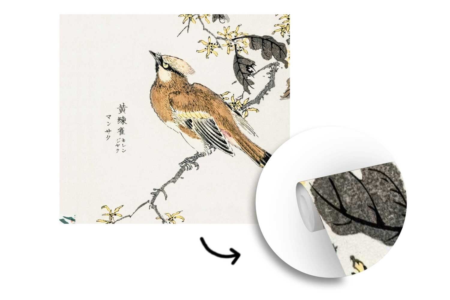 MuchoWow Fototapete Vogel Wohnzimmer - Japanisch, Zweig Wandtapete St), Schlafzimmer, - Schriftzeichen - Matt, für bedruckt, Vinyl Tapete (5 oder
