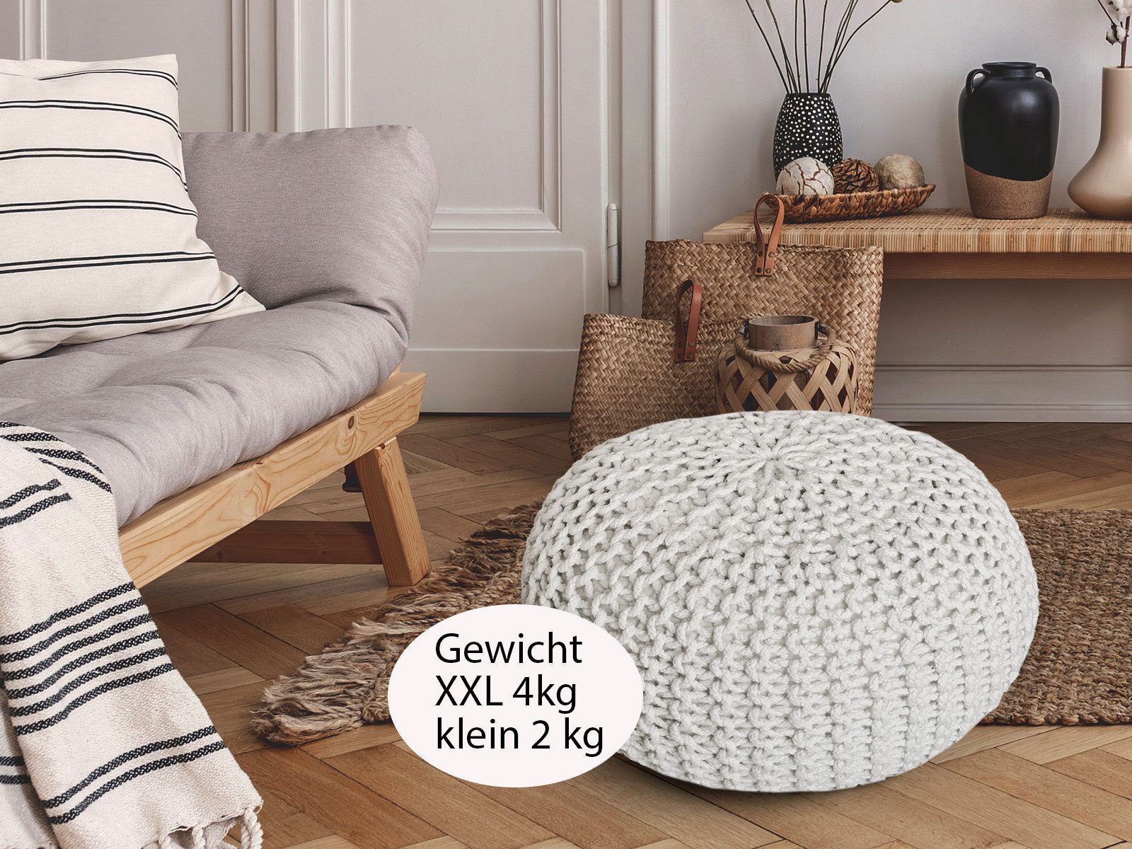 Amagohome Sitzhocker Strickhocker XXL Pouf Ø55 H37cm Bodenkissen Sitzpouf Baumwolle recycel – Bild 5 von 5