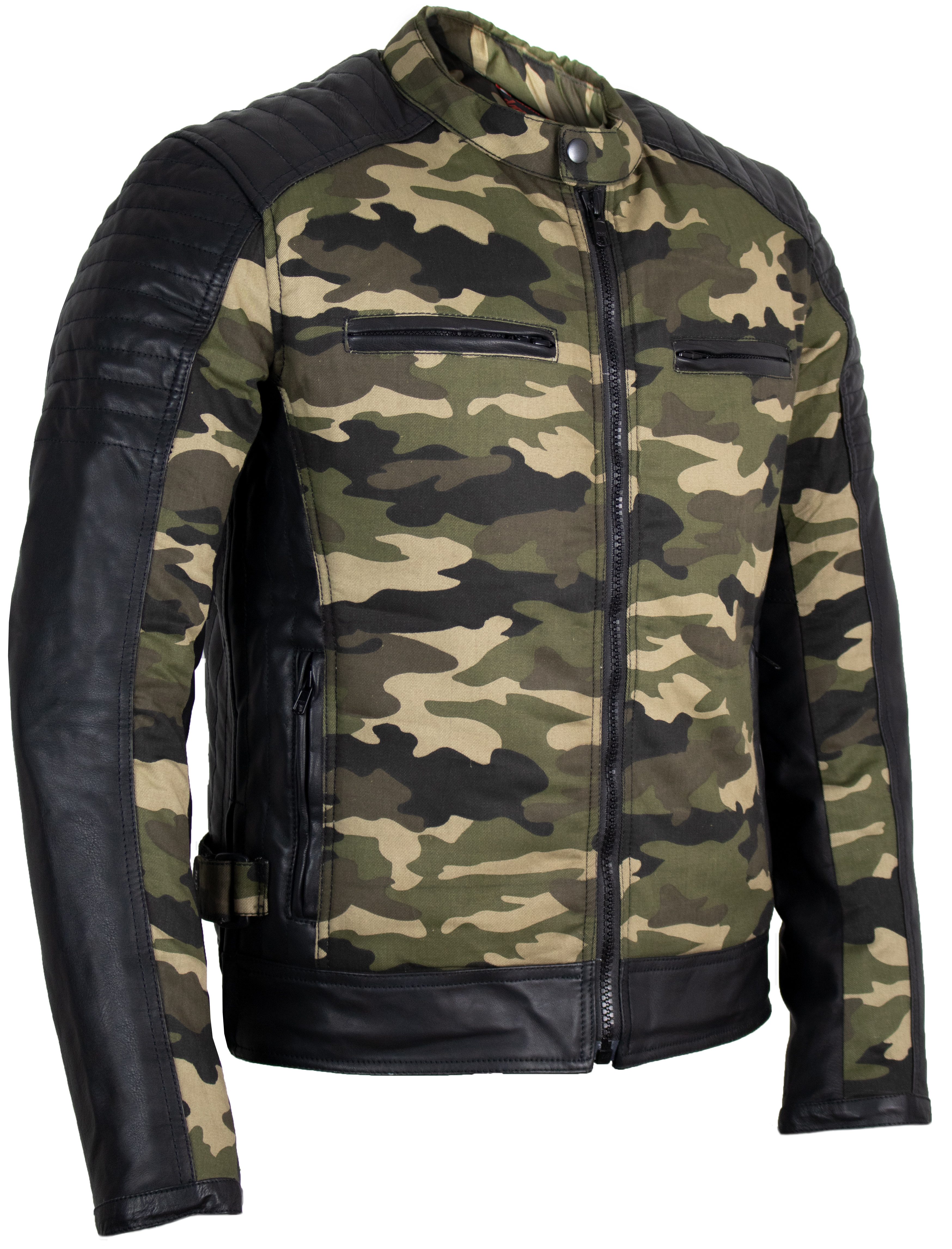 MDM Motorradjacke Motorrad Bikerjacke Camouflage mit Protektoren Herren (Camouflage Motorradjacke mit Lederärmeln) Thermofutter und seitlicher Weitenregulierung