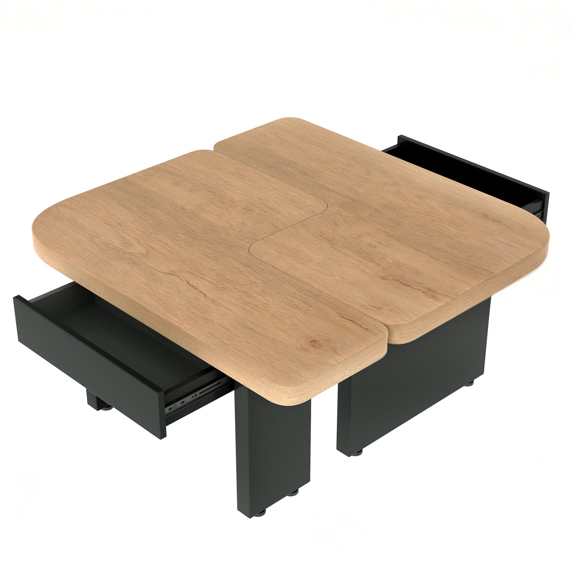 OKWISH Couchtisch Beistelltisch (2-in-1 LED-Sofatisch aus Naturholz mit Schubladen & Höhenverstellung, sicher für Familien)