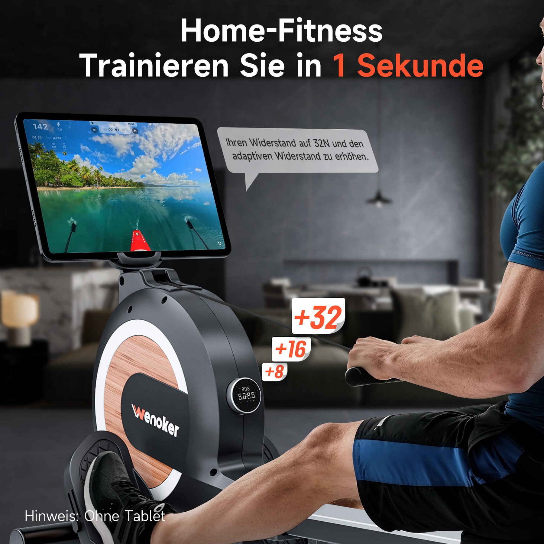Wenoker Rudergerät Magnetisches Rudergerät mit APP & LED-Display, 32 Widerstandsstufen (1-tlg), Leises Heimrudergerät für Cardio-Training