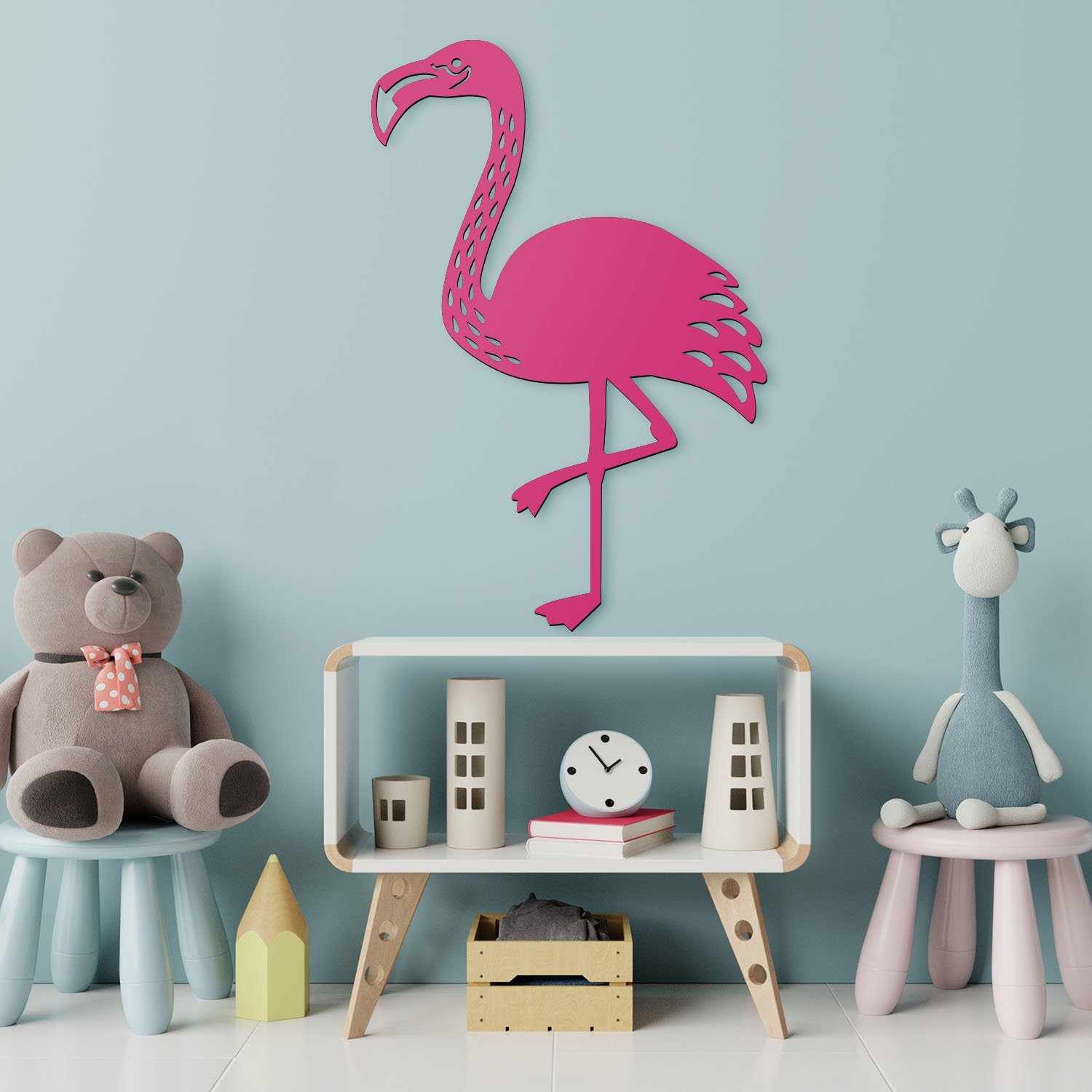 Deko Flamingo Holz Wand LED Flamingo Namofactur Ohne Warmweiß Kinder, LED fest Nachtlicht Zugschalter/Stern, Nachtlicht Grau Wandlampe, Lampe integriert,