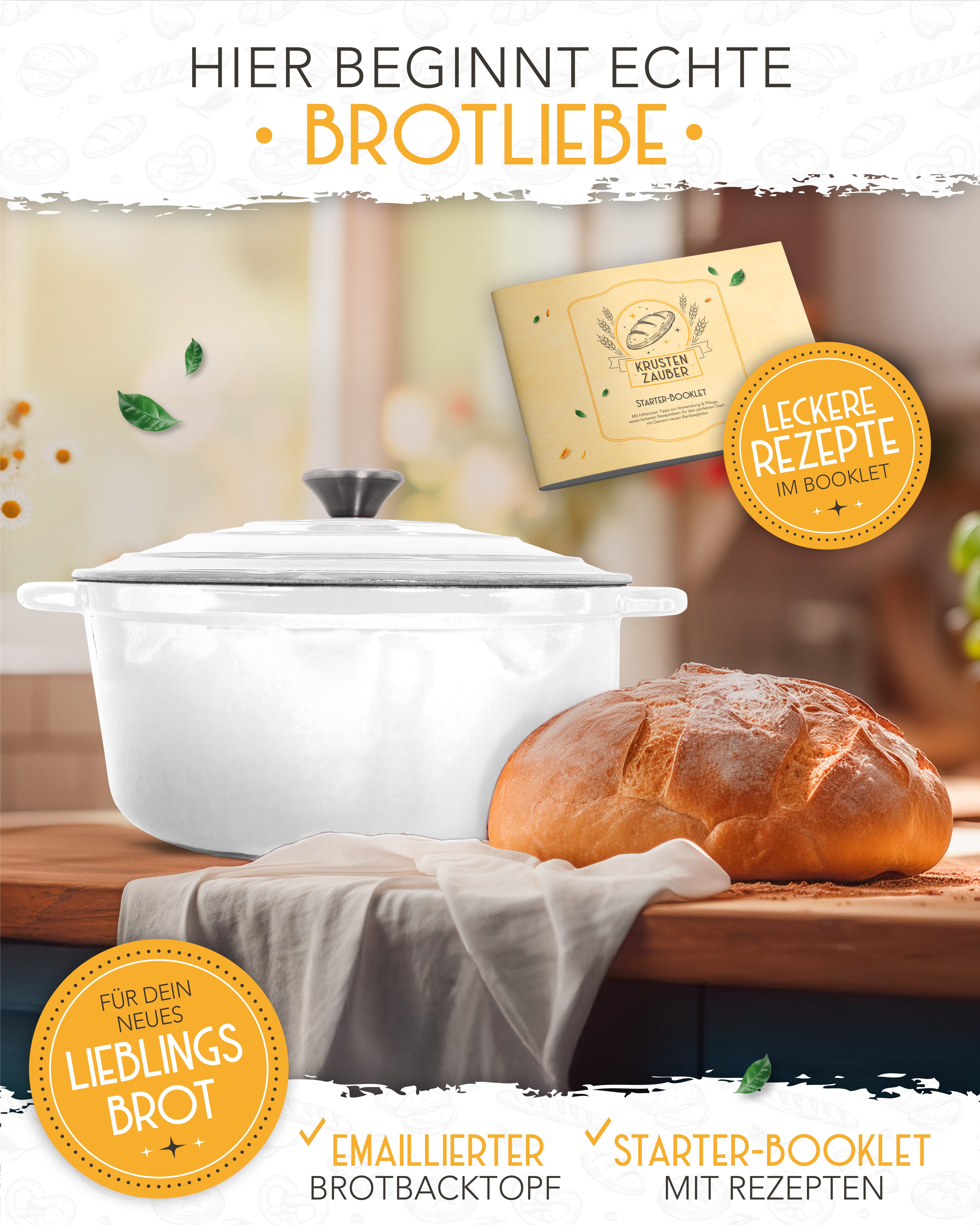 Krustenzauber Kasserolle Gusseisen Topf als Kochtopf, Schmortopf oder Brotbackform