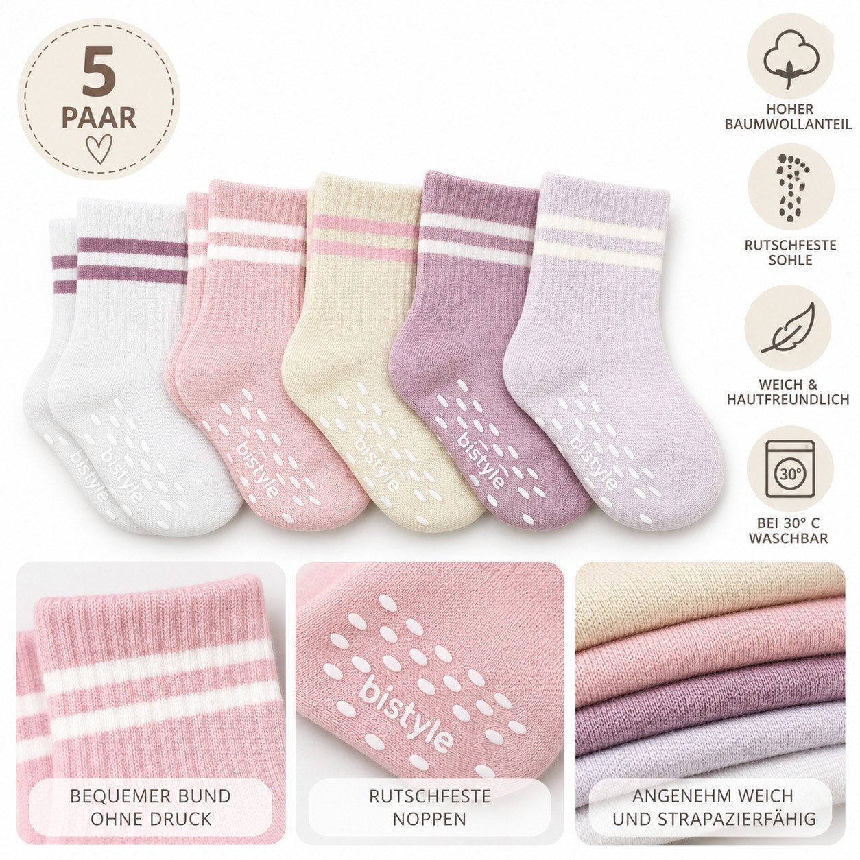 bistyle Basicsocken (5er Pack) ABS für Babys Jungen Mädchen Babysocken (Set, 5-Paar, 5er-Pack) Anti-Rutsch Bio-Baumwolle GOTS ohne drückende Naht 6 Monate - 3 J – Bild 2 von 4