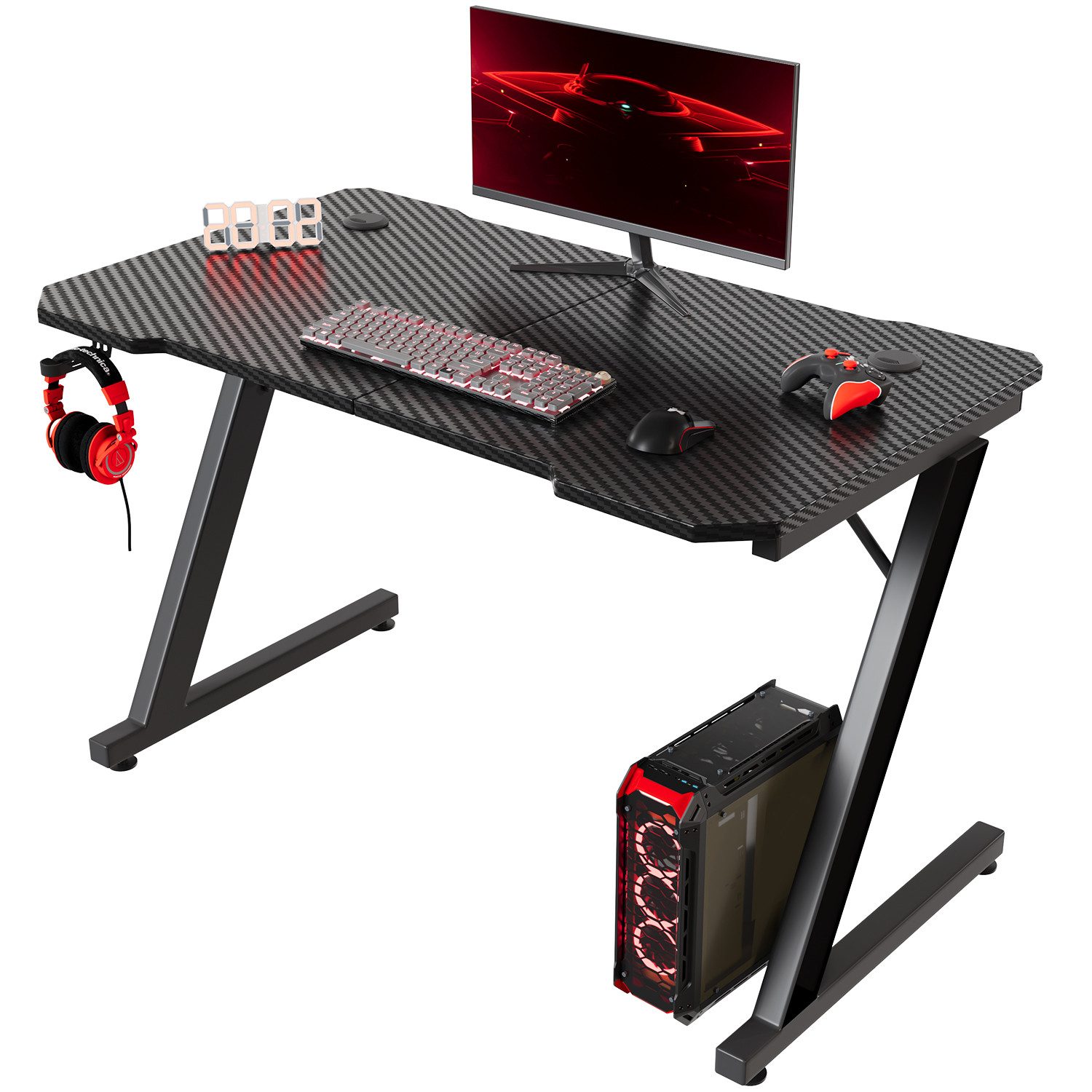 GUNJI Gamingtisch 80/120/140cm Gaming Schreibtisch PC Tisch Z-förmiger (Ergonomischer Gaming Tisch,mit Kopfhörerhaken)
