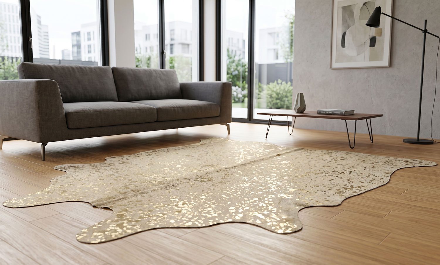 KUHFELL online & NOMAD Fellteppich Kuhfell Rinderfell Teppich hellgrau Silber & Gold Metallic Effekt XL