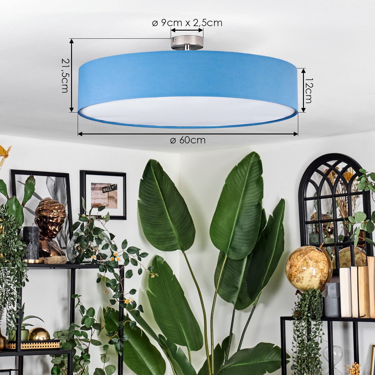 hofstein Deckenleuchte Deckenlampe aus Metall/Stoff/Kunststoff in Nickel-matt/Blau/Weiß, ohne Leuchtmittel, runde Leuchte im modernen Design (60 cm), E27, Esszi – Bild 4 von 5