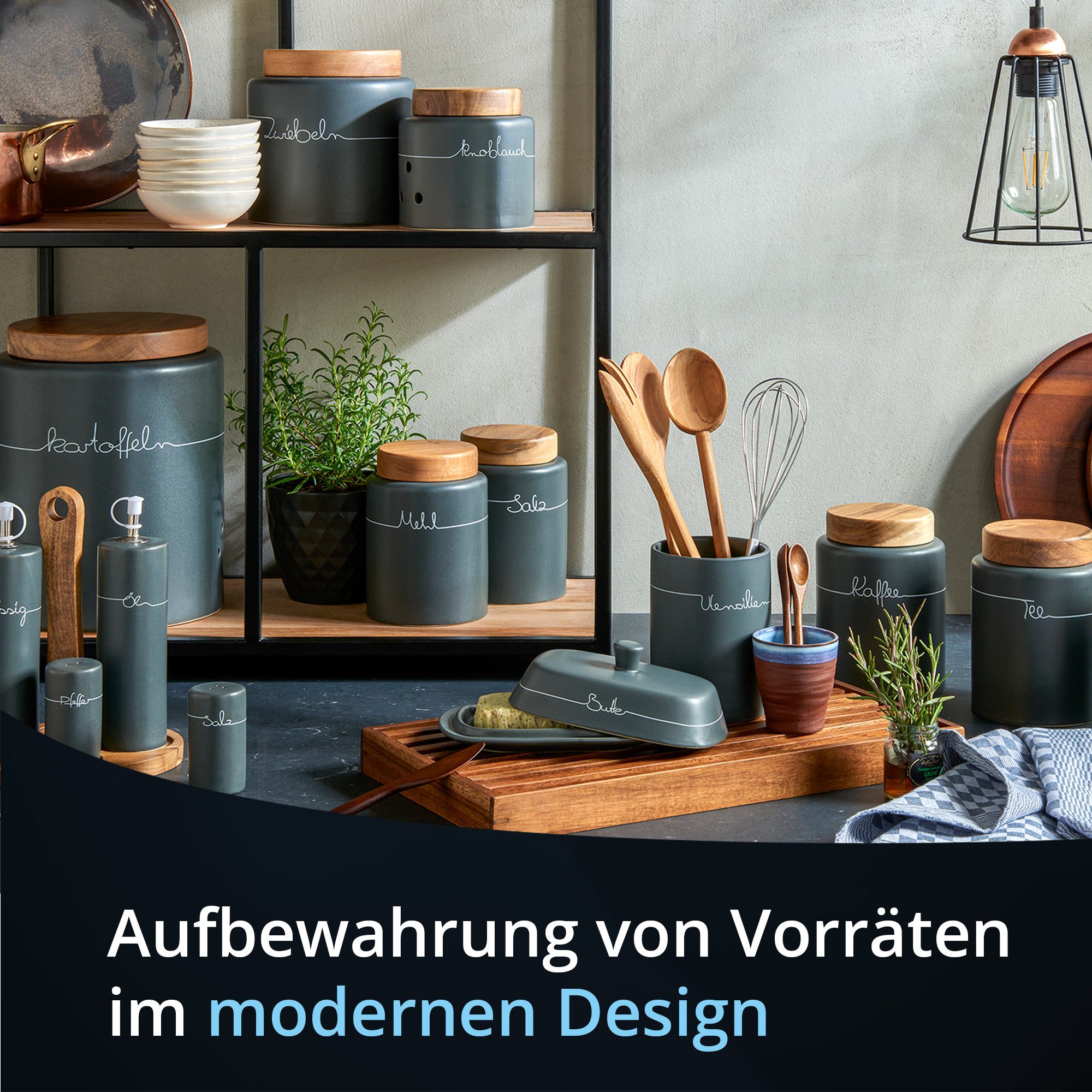KHG Vorratsdose für Kaffee aus Steinzeug mit Akazienholz‑Deckel – luftdicht, Steingut, Luftdichte Dose für Kaffee – schützt Aroma & hält Bohnen frisch