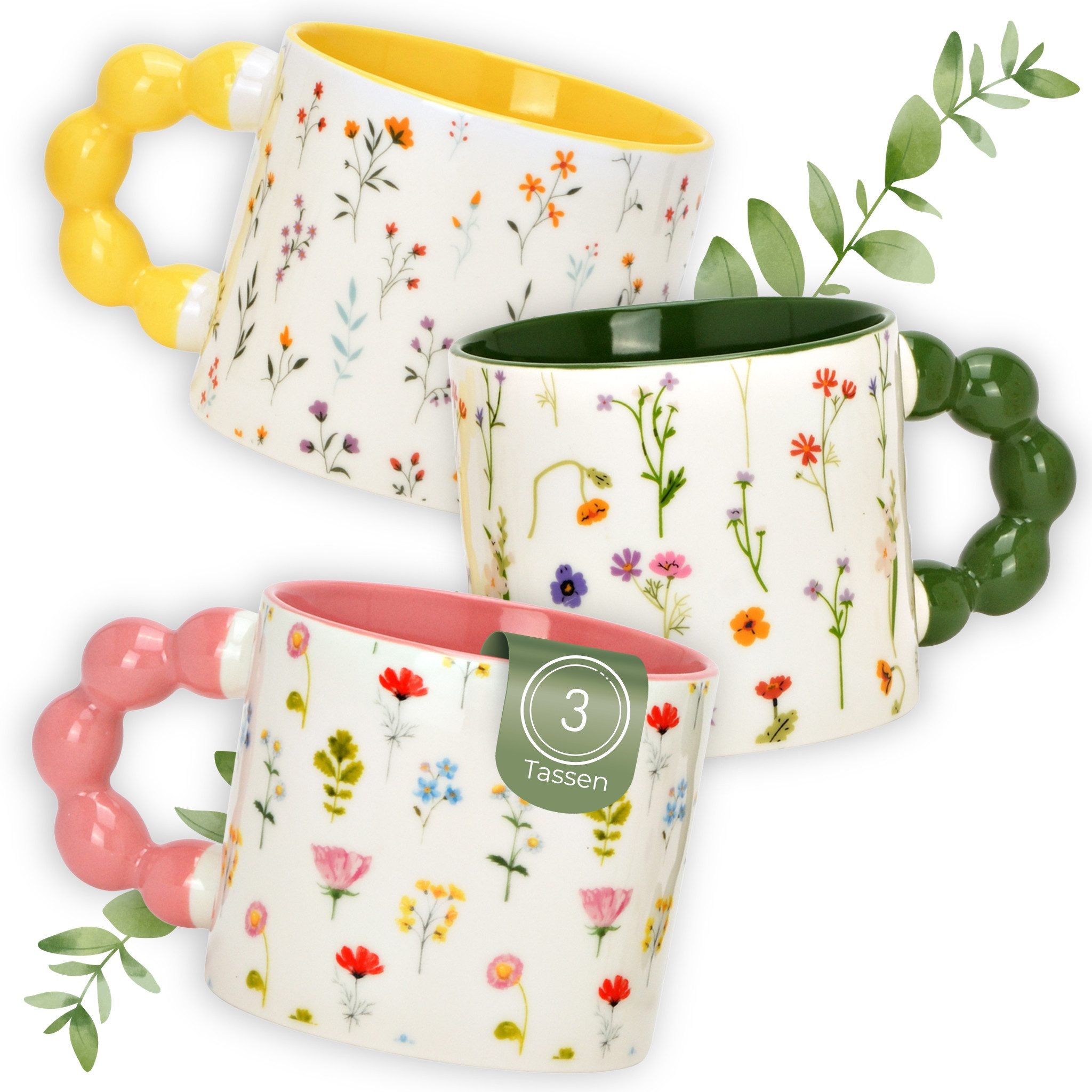 matches21 HOME & HOBBY Tasse Kaffeetassen 3er Set mit Blumen Dekor, 360 ml Porzellanbecher, 3-tlg., Porzellan, Moderne Dopamine Designertasse in Pastellfarben