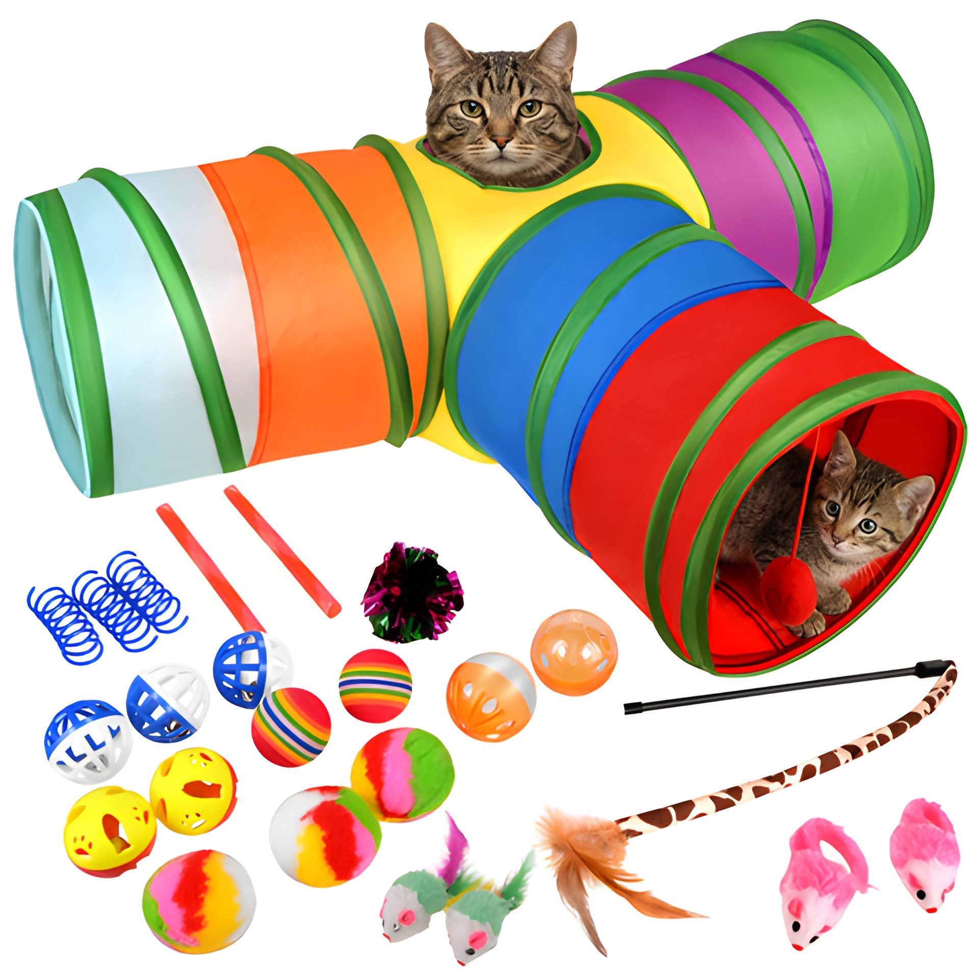 Purlov Tier-Intelligenzspielzeug Katzenspielzeug Katzen Spielzeug Katzentunnel Bälle Federspielzeug, Kunststoff, Spielzeug-Set (24-tlg) 24-teiliges Spielzeug-Set mit XXL-Tunnel und Angelrute