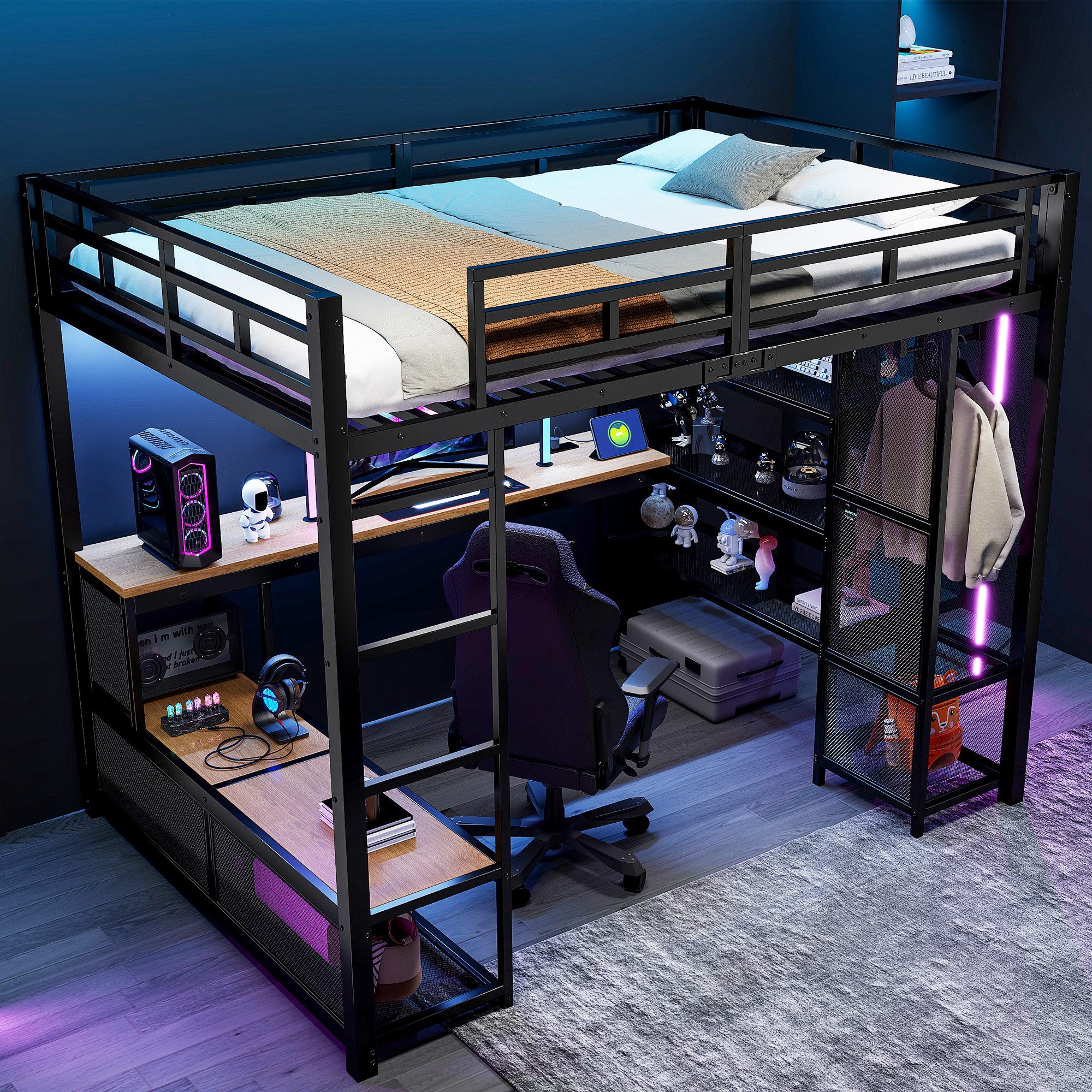 Merax Hochbett 140x200cm mit LED-Beleuchtung & USB-Anschluss (1-St., Jugend günstig online kaufen