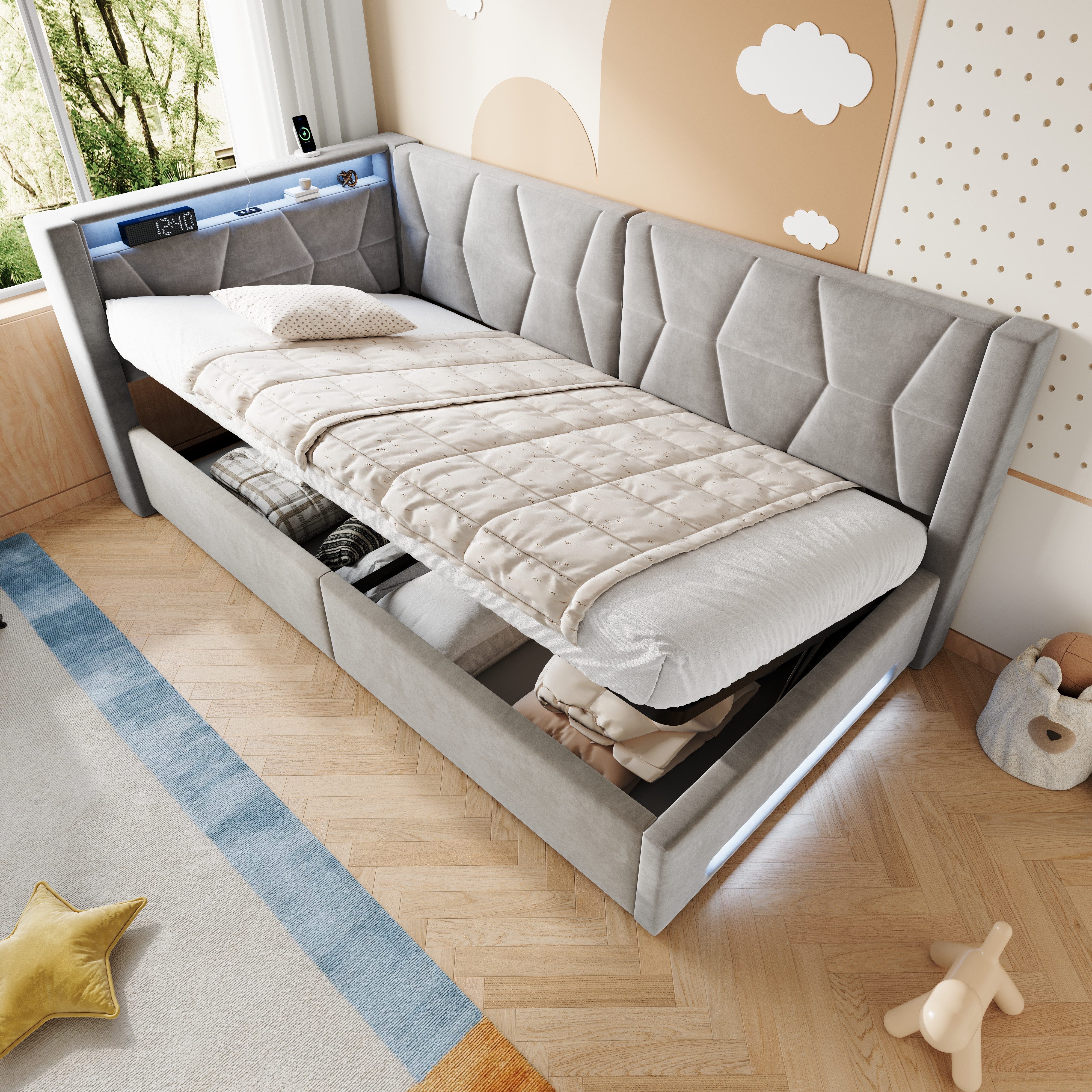 KLAM HOME Schlafsofa Polster‑Einzelbett mit hydraulischem Stauraum 90×200 /140×200cm, Samtbett mit LED‑Beleuchtung sowie USB‑ und Type‑C‑Anschluss, Komfortables Jugendbett in Beige und Grau für das Schlafzimmer