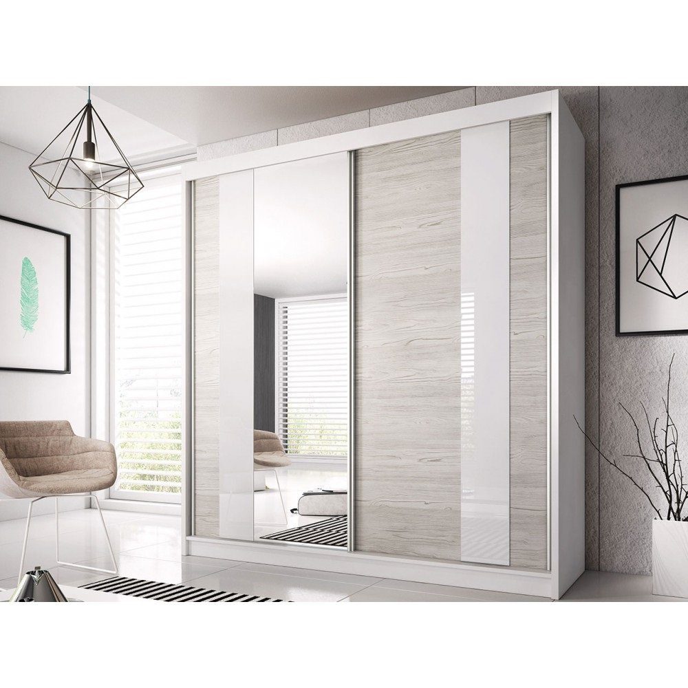 Porto Home cm Polini und Spiegel Kleiderstange mit Schwebetürenschrank 183x218 weiß-grau Schiebetürenschrank