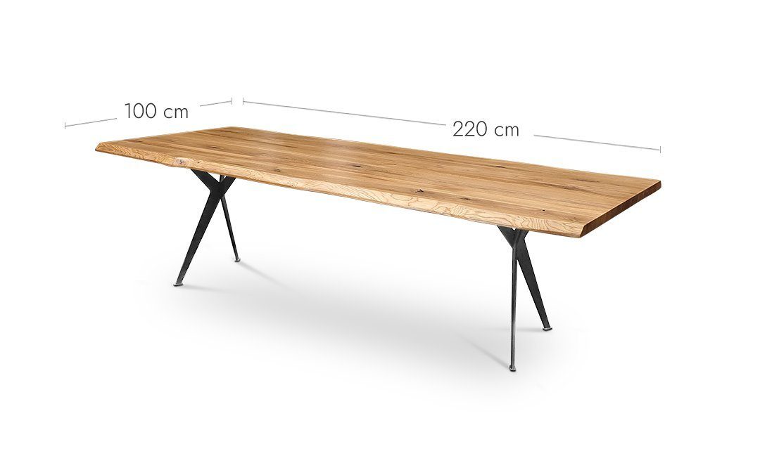 Esstisch Y-Gestell 220x100 Hell 2+2 CNC-Baumkante Geölt Esstisch Schwarz Eiche Natur24