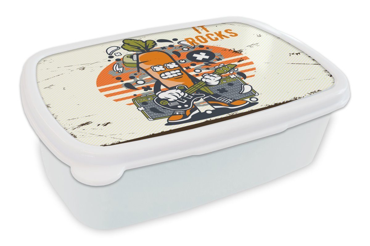 MuchoWow Lunchbox Karotte - Gitarre - Vintage, Kunststoff, (2-tlg), Brotbox für Kinder und Erwachsene, Brotdose, für Jungs und Mädchen weiß