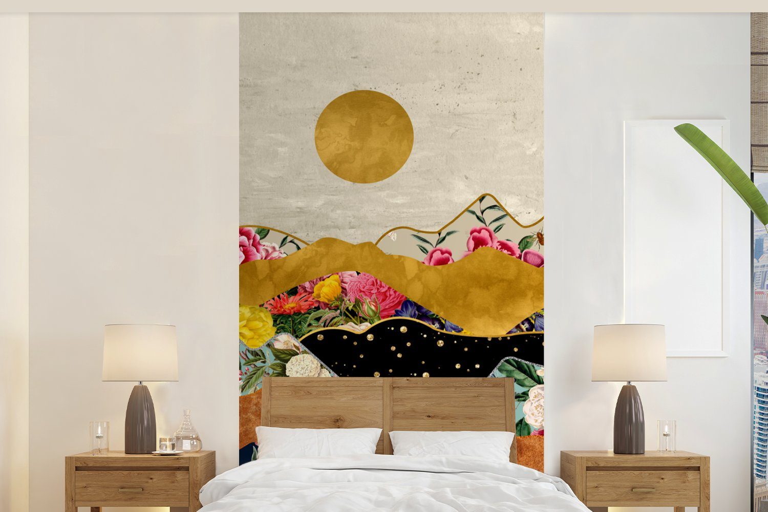 MuchoWow Fototapete Gold - Blumen - Druck - Abstrakt - Landschaft - Muster, Matt, bedruckt, (2 St), Vliestapete für Wohnzimmer Schlafzimmer Küche, Fototapete