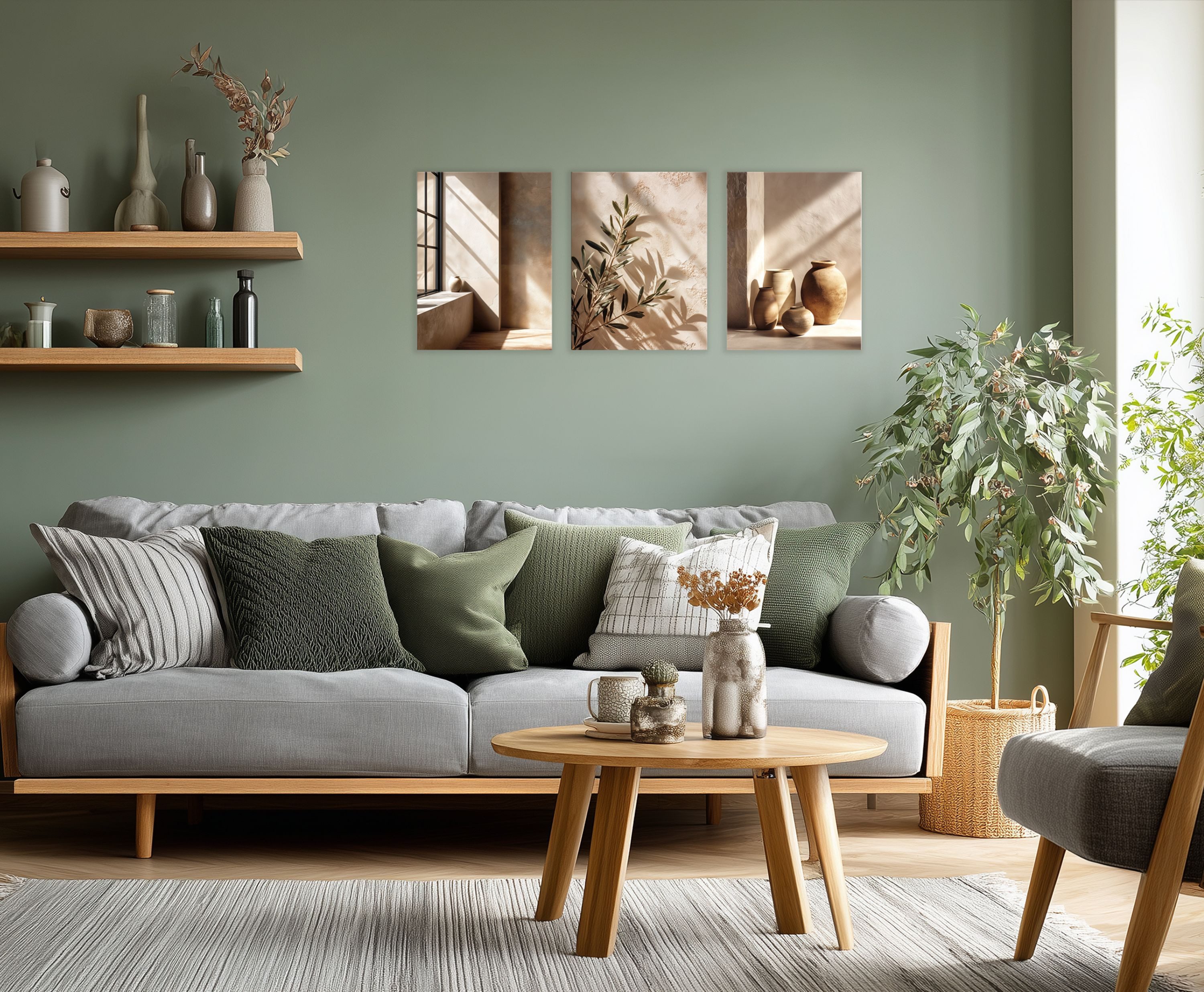 artissimo Mehrteilige Bilder Wandbilder-Set 3er-Set / Japandi Wanddeko / Wohnzimmer, Stillleben: Vasen und Olivenzweig in beige braun