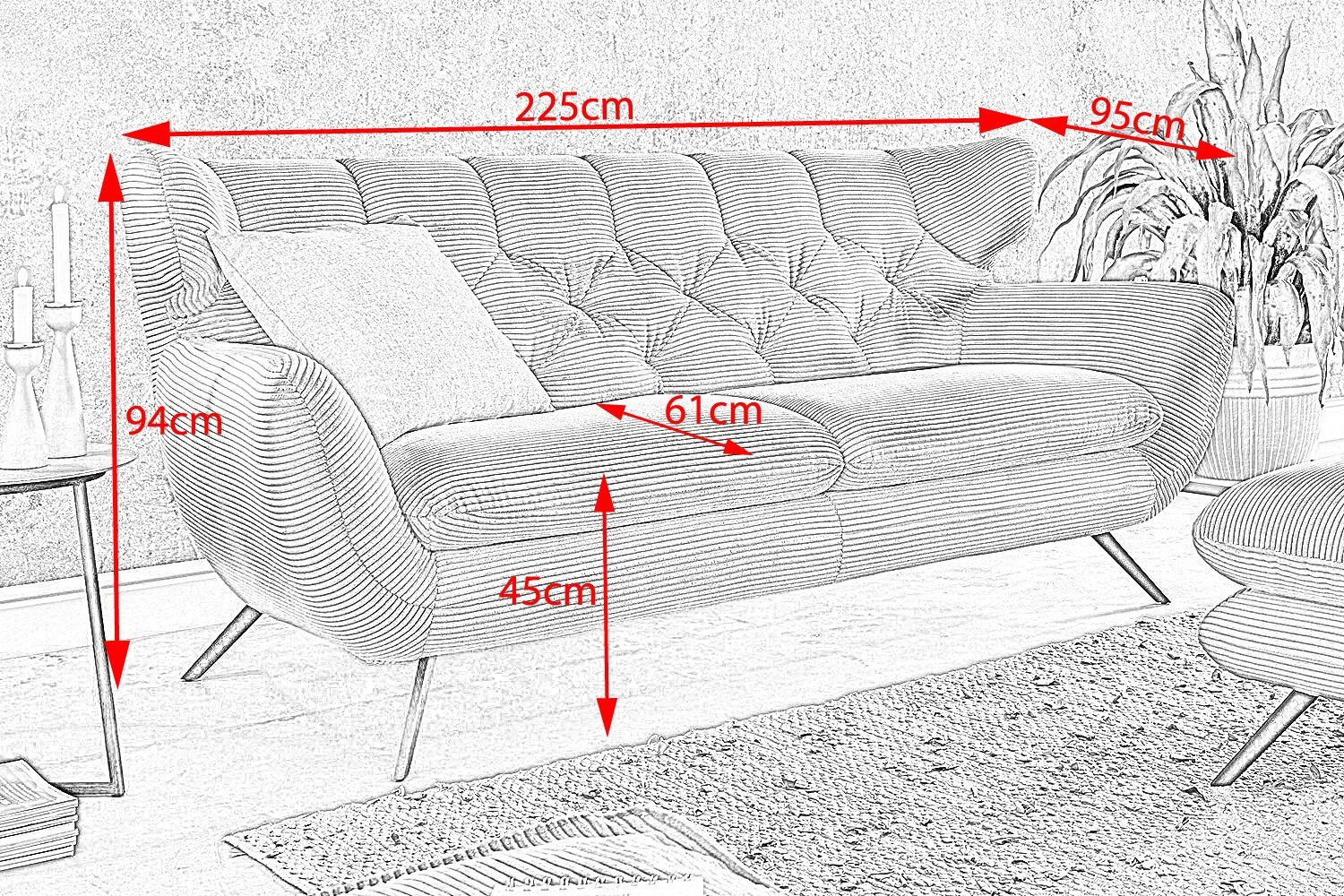 Velvet od. 3-Sitzer Sofa Cord KAWOLA CHARME, versch. Farben