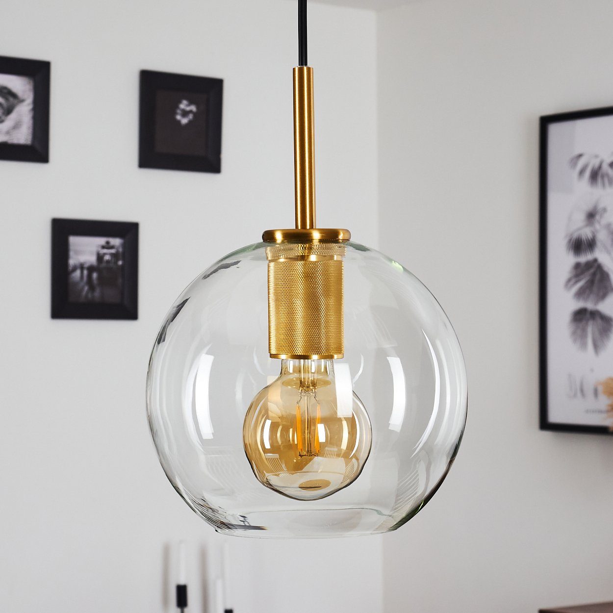 hofstein Hängeleuchte »Radda« Retro Pendellampe aus Metall in Gold und klaren Glasschirm, ohne Leuchtmittel, runde e Deckenlampe, 1xE27, Höhe 126cm (verstellbar)