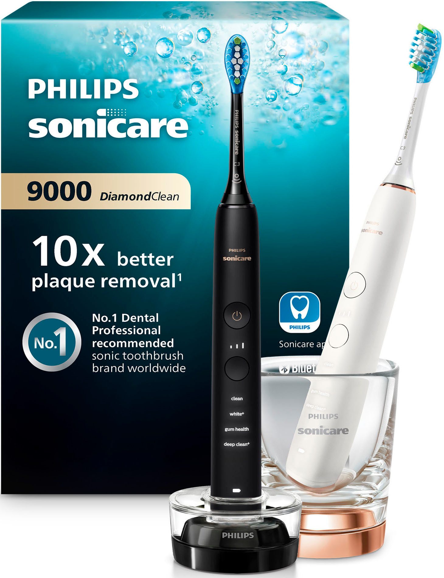 Philips Sonicare Elektrische Zahnbürste DiamondClean 9000 HX9914, Щетки: 2 St., DiamondClean Premium Schallzahnbürste, Doppelpack inkl. Ladeglas