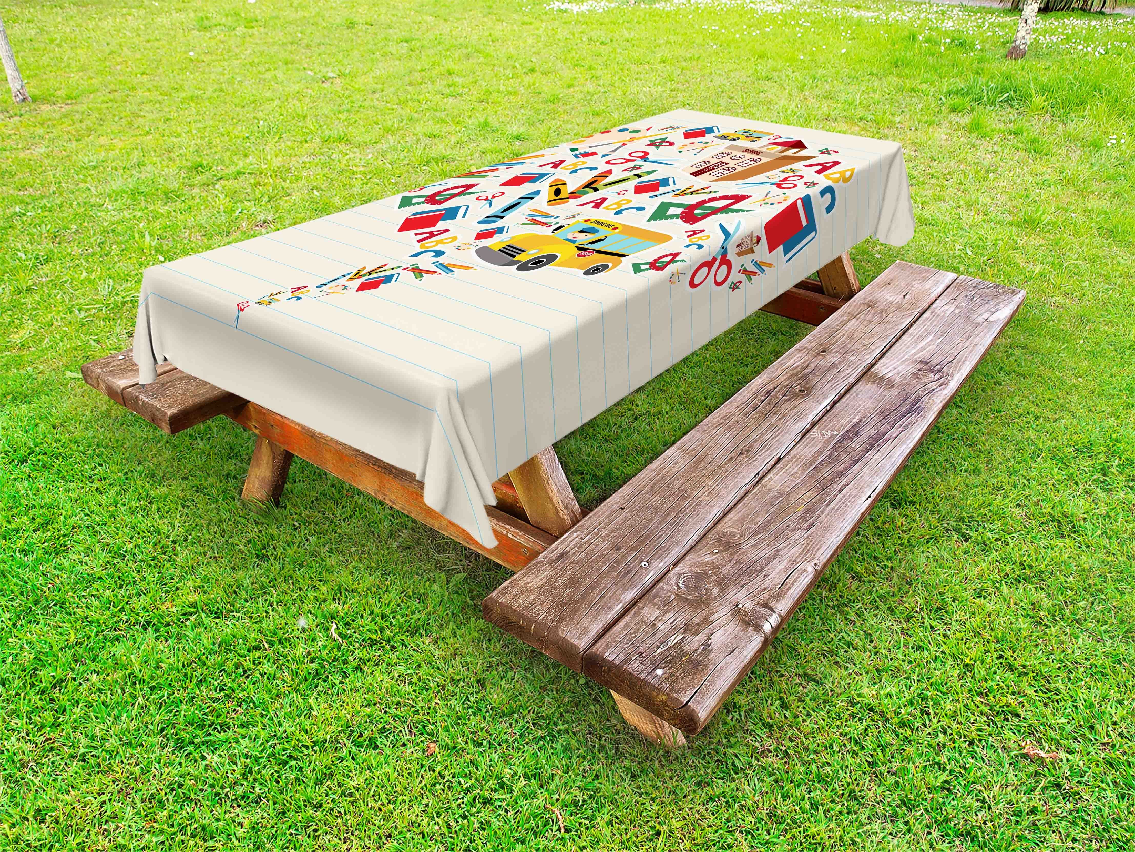 Abakuhaus Werkzeug Sprechblase Schulbus von Picknick-Tischdecke, dekorative Tischdecke waschbare