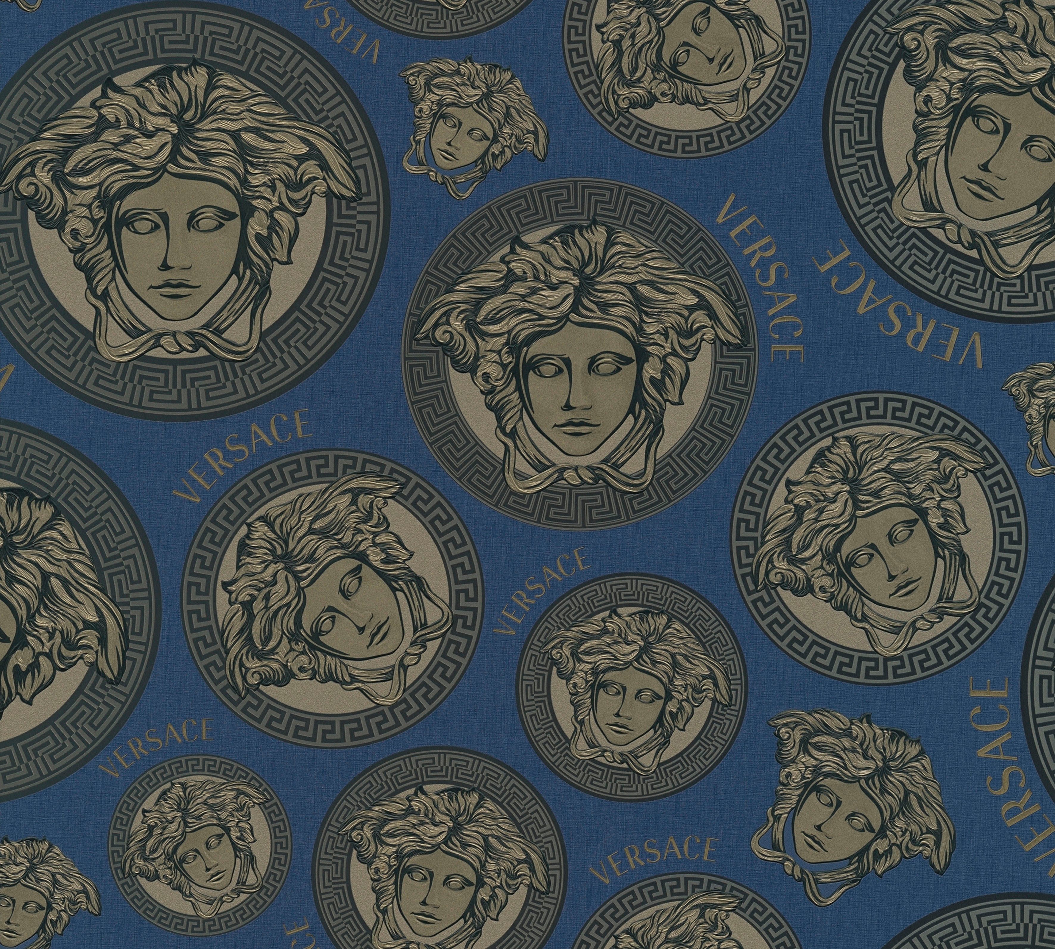 Versace Vliestapete Wallpaper Versace 5 strukturiert, (1 Designertapete blau/perlweiß/schwarz Medusakopf, St), leicht leicht glänzend