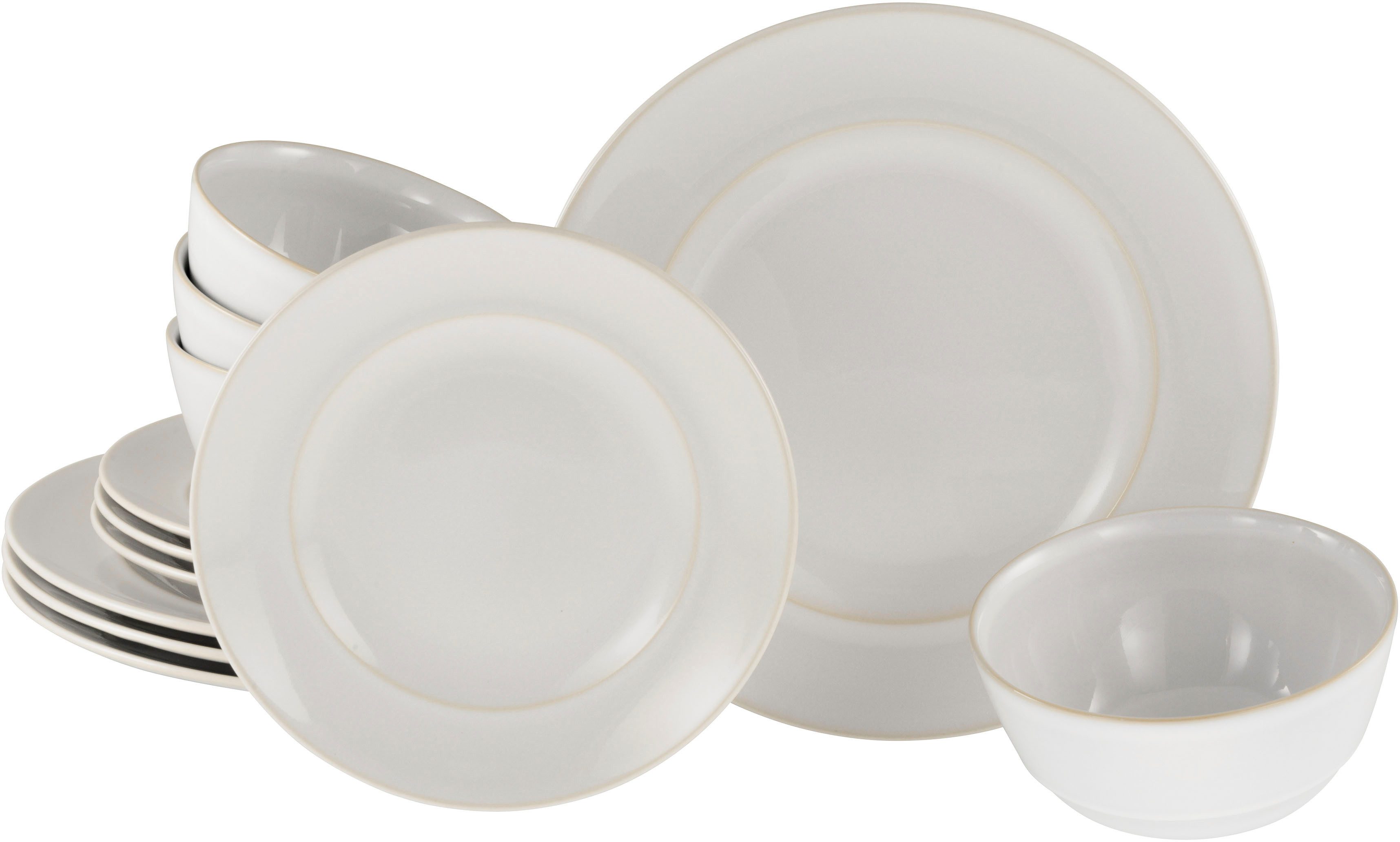 CreaTable Teller-Set Geschirr-Set Antique (12-tlg), 4 Personen, Steinzeug, Service, weiß, Trendfarbe Offwhite, 12 Teile, für 4 Personen