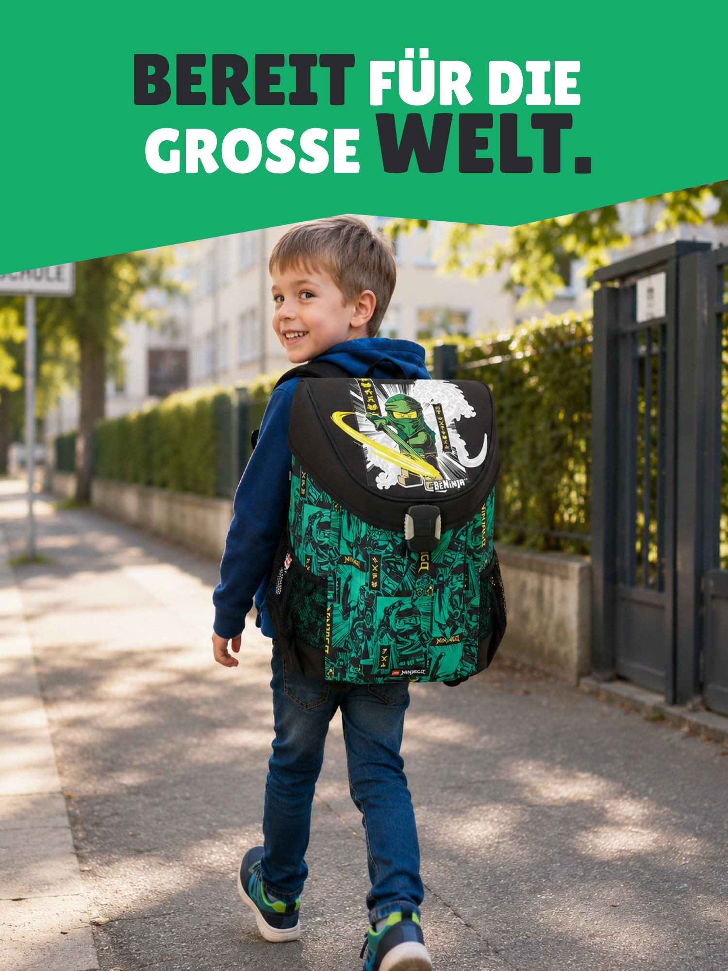 LEGO® Bags Schulranzen Lego Ninjago Schultasche Easy Green ab der 1. Klasse (Set, 7-tlg., inkl. Federmappe, Ninjago Brotdose und Trinkflasche), ergonomisch; 790 Gramm leicht; mit Brustgurt; Ninja Lloyd