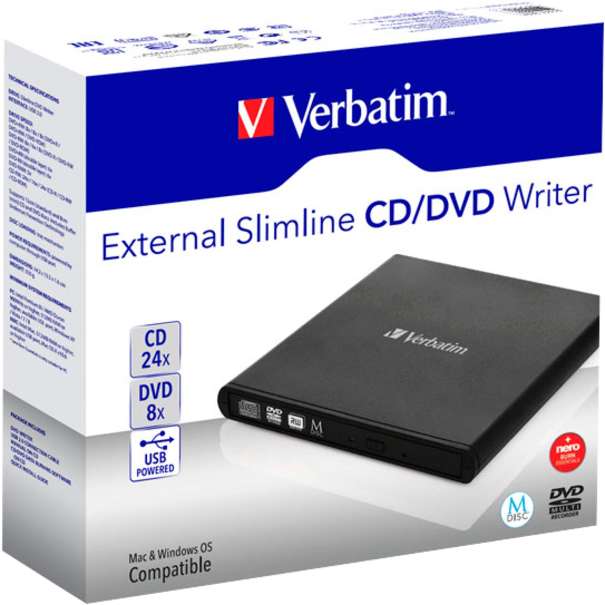 Verbatim CD/DVD DVD-Brenner External externer Slimline Writer, Verbatim