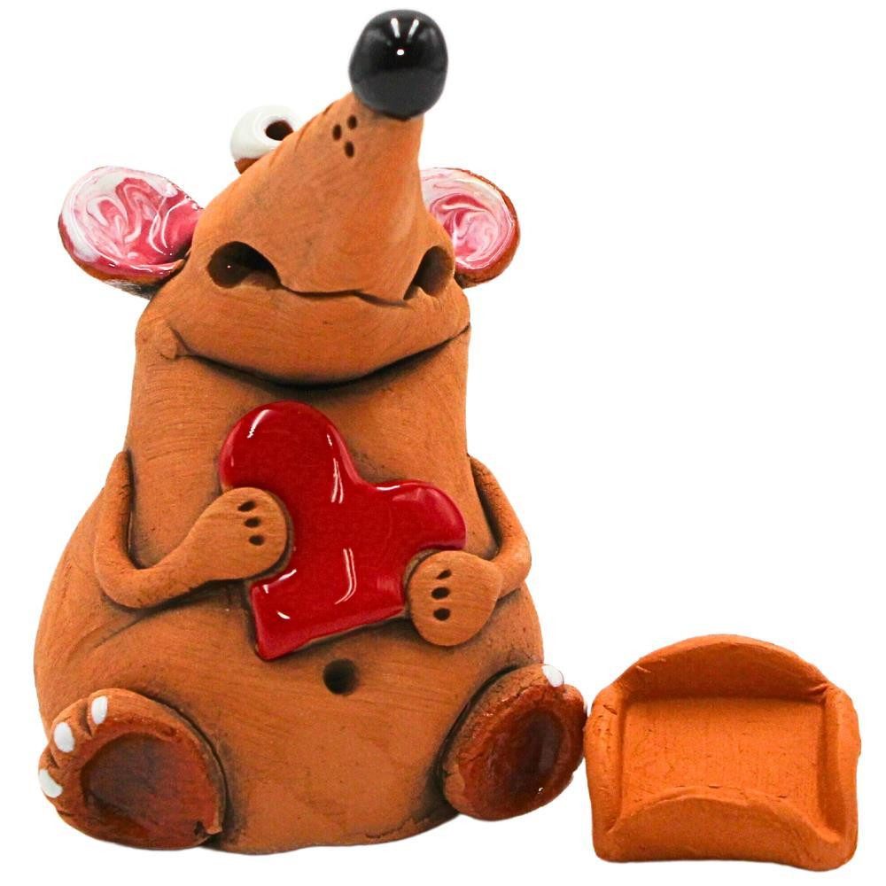 Dekohelden24 Räuchermännchen Handgemachte Keramik, Keramikmaus mit rotem Herz als Räucherfigur, 10cm.