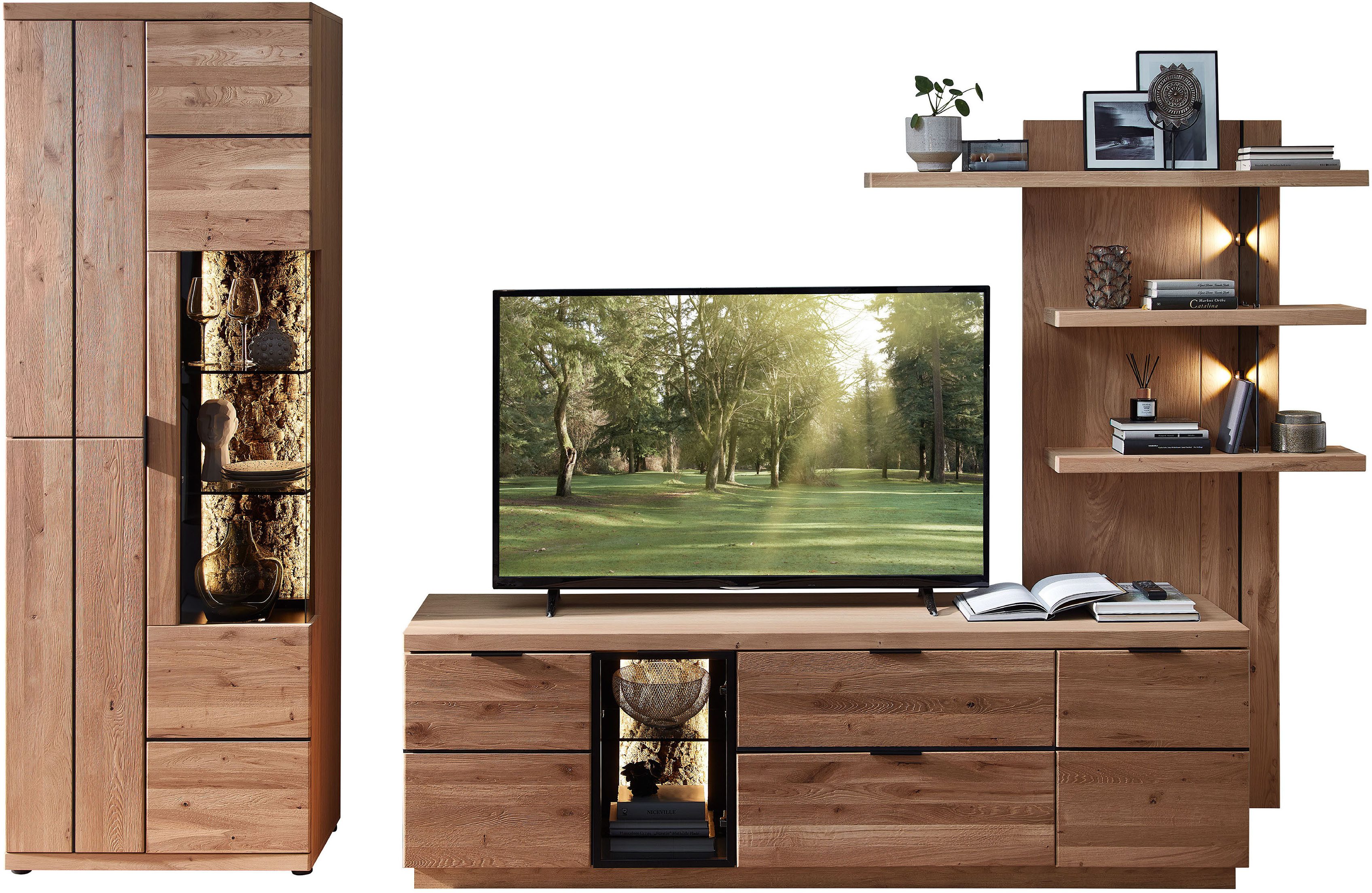 Wohnconcept Wohnwand Donna Wohnwand, 290x207x50 (BxHxT) Echtkork Absetzung, (3-St), Beleuchtung optional, Softclose, Absetzung, Vitrine L/R verwendbar