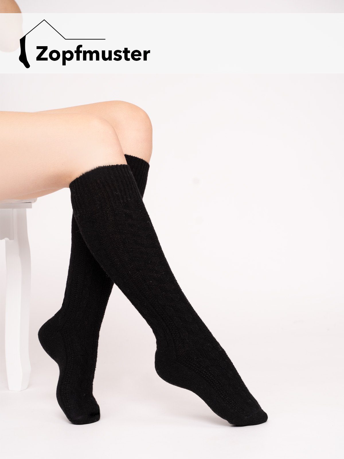 Paar) Zopfmuster Lambswool Lammwolle und (Paar, 70% Extra strapazierfähige Kniestrumpf 1 Kniestrümpfe Schwarz Wollsocken HomeOfSocks Feine Warm Kniestrümpfe