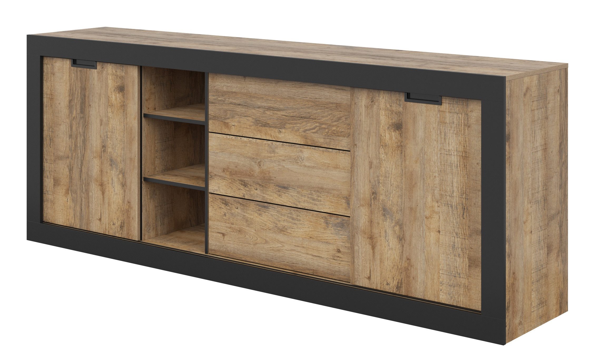 Masseno Kommode DAVOR 220 cm Sideboard mit 3 Schubladen und 2 Türen Eichefarben